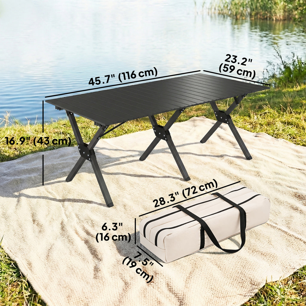 4ft Folding Camping Table, Waterproof Picnic Table with Roll Up Top, Carry Bag and Metal Frame, Black
