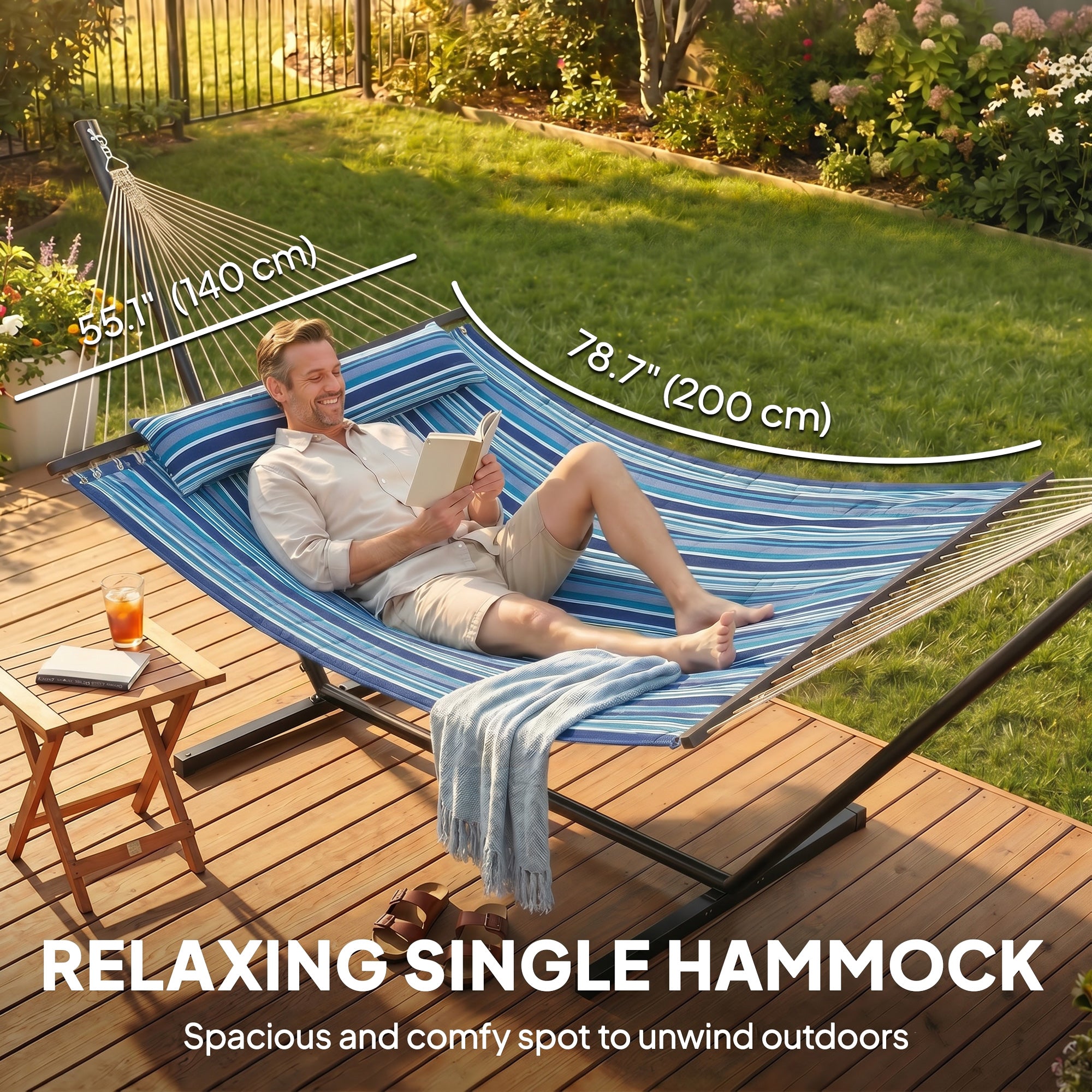 Hammock with Stand Heavy Duty Camping Hammock with Steel Frame for Patio Backyard Blue and White