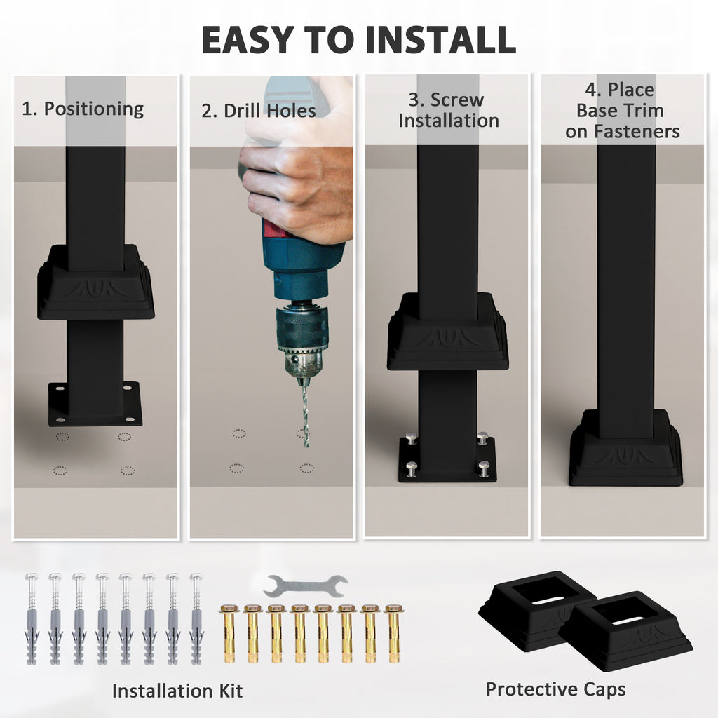 2-3 Step Handrails for Outdoor Steps, Metal Outdoor Stair Railing, Porch Deck Railing with Installation Kit, Black