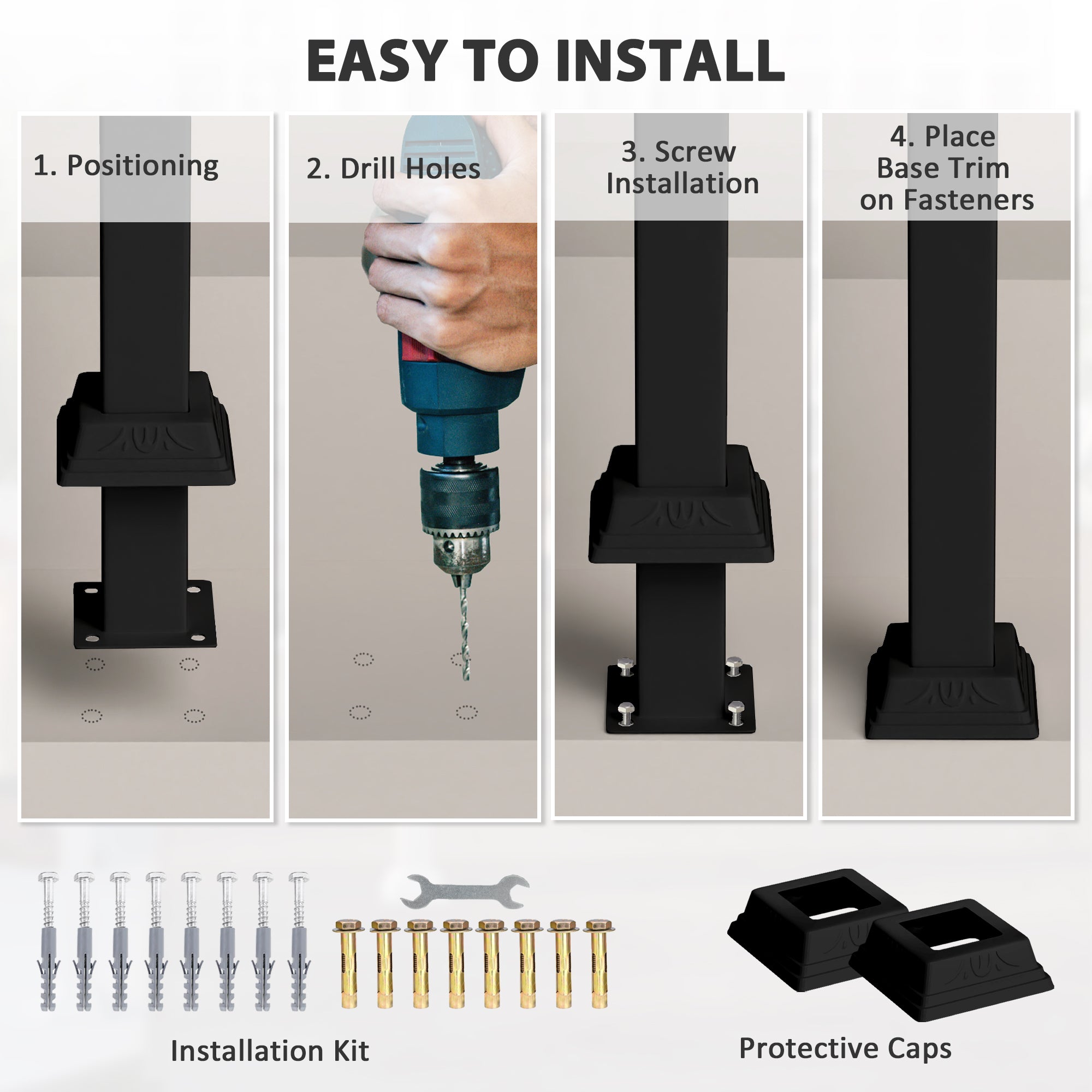 2-3 Step Handrails for Outdoor Steps, Metal Outdoor Stair Railing, Porch Deck Railing with Installation Kit, Black