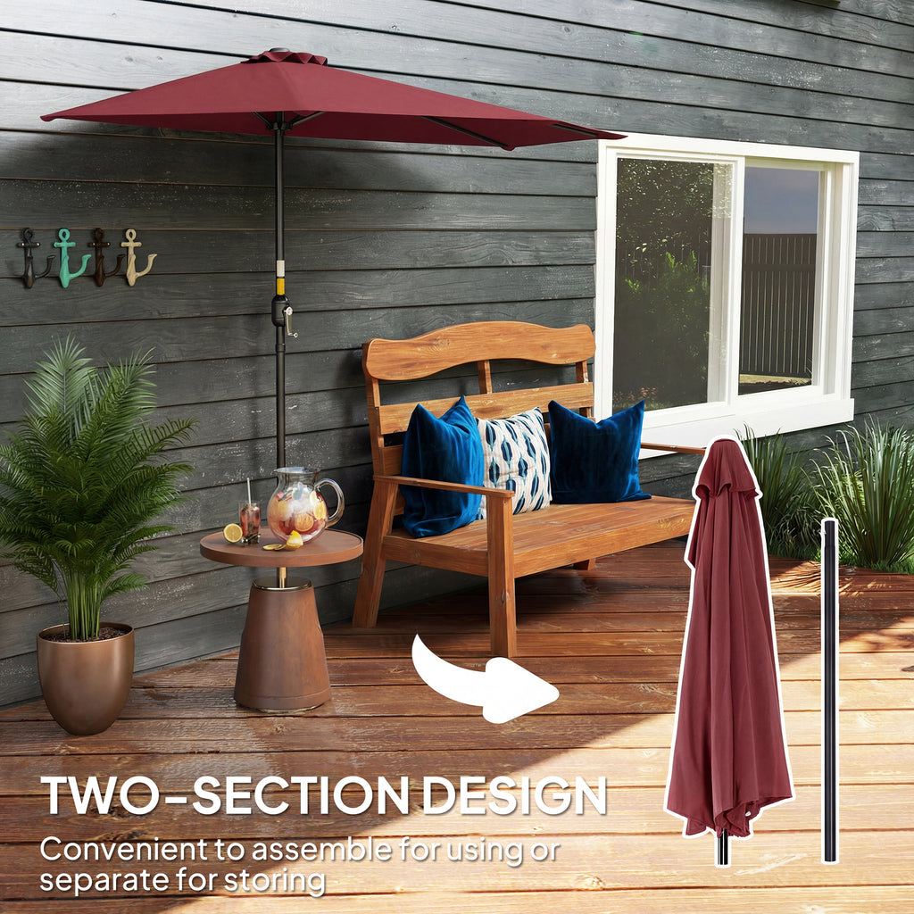 9ft Half Round Umbrella Outdoor Patio Garden Balcony Parasol Window Sun Shade w/ 5 Ribs Wine Red