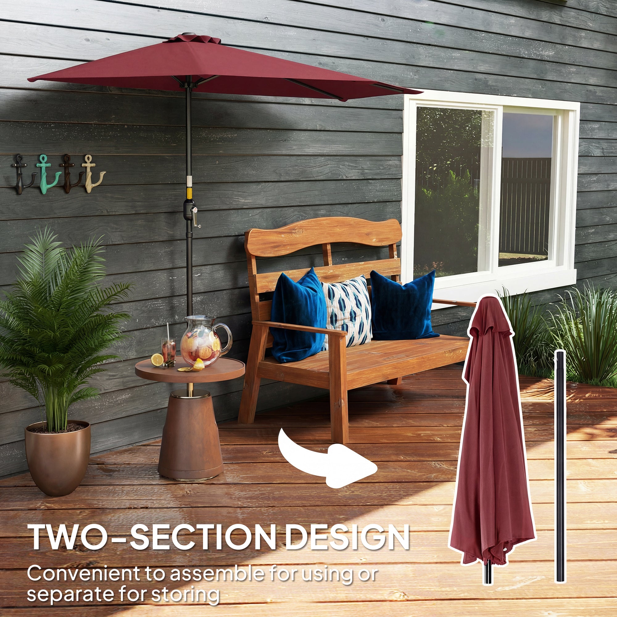9ft Half Round Umbrella Outdoor Patio Garden Balcony Parasol Window Sun Shade w/ 5 Ribs Wine Red