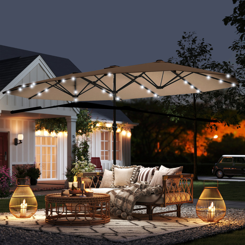 174" Double-Sided Sun Umbrella Garden Parasol Patio Sun Shade Outdoor with LED Solar Light, Khaki