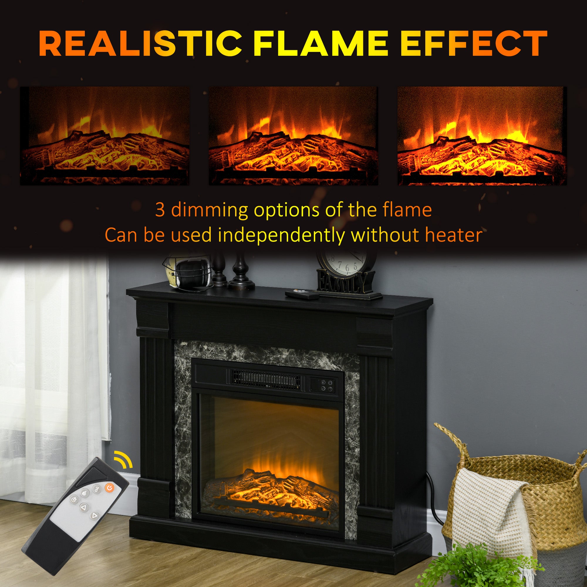 Electric Fireplace Mantel Wood Surround, Freestanding Fireplace Heater with Realistic Flame, Adjustable Temperature, Timer, Overheating Protection, and Remote Control, Black
