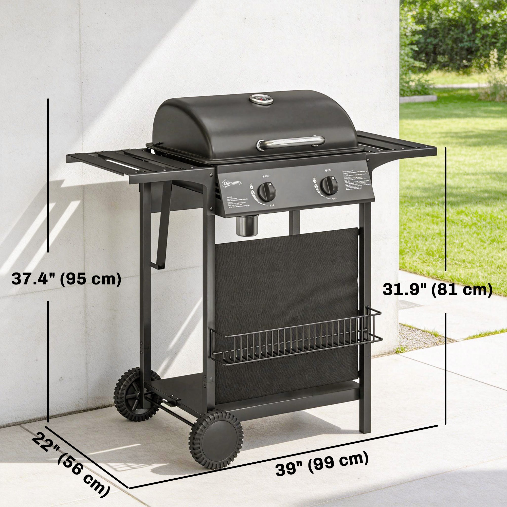 2-Burner Propane Gas Grill, 18000 BTU BBQ Grill with Wheels, Warming Rack, Shelf, Thermometer, Grease Cup, Black