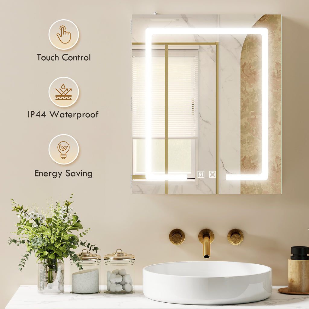 Bathroom Medicine Cabinet with Lights, Wall Mounted Mirror Cabinet with Demister Pad, Adjustable Shelves, White