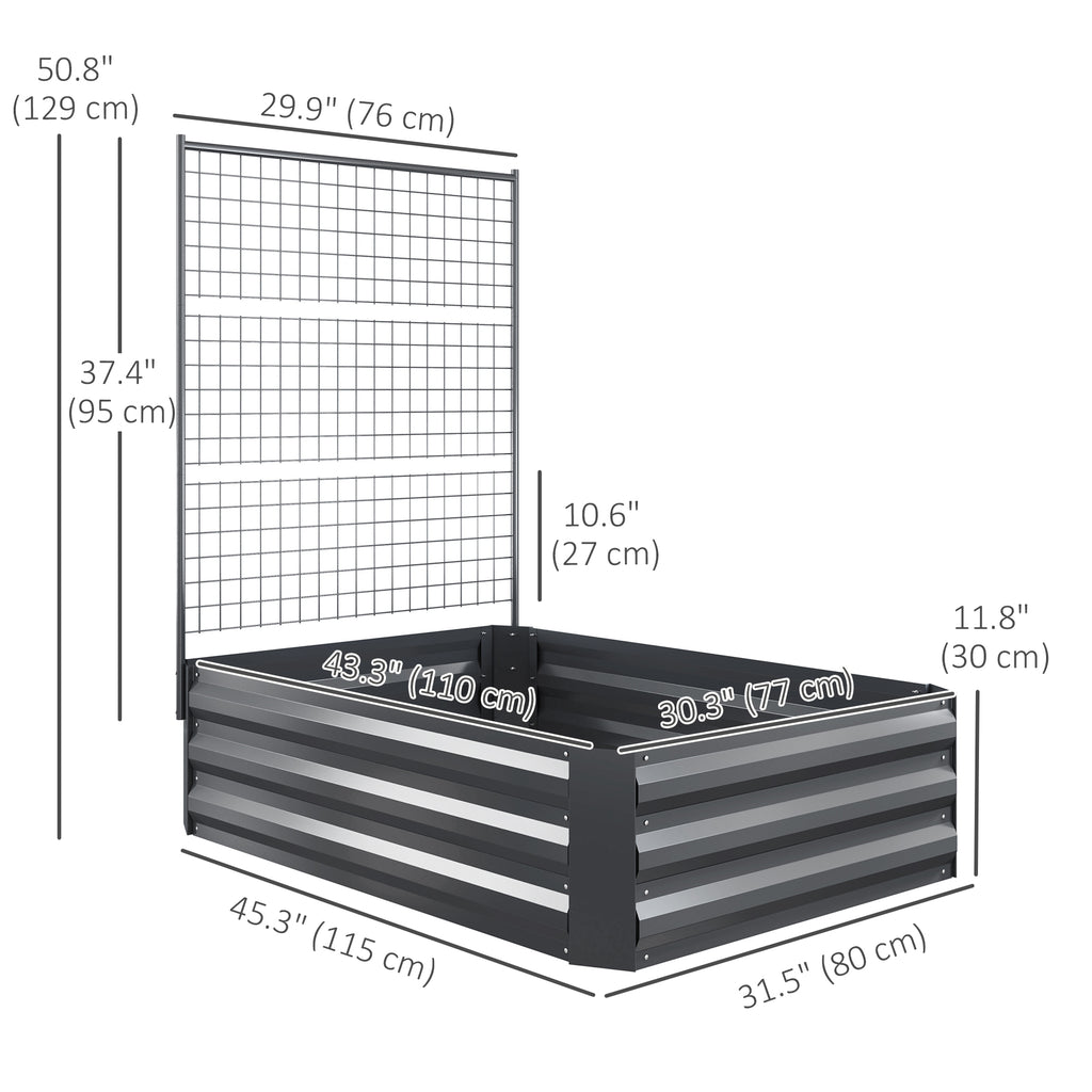 Galvanized Raised Garden Bed with Trellis for Climbing Plants, Outdoor Planter Box with Open Bottom, Dark Grey