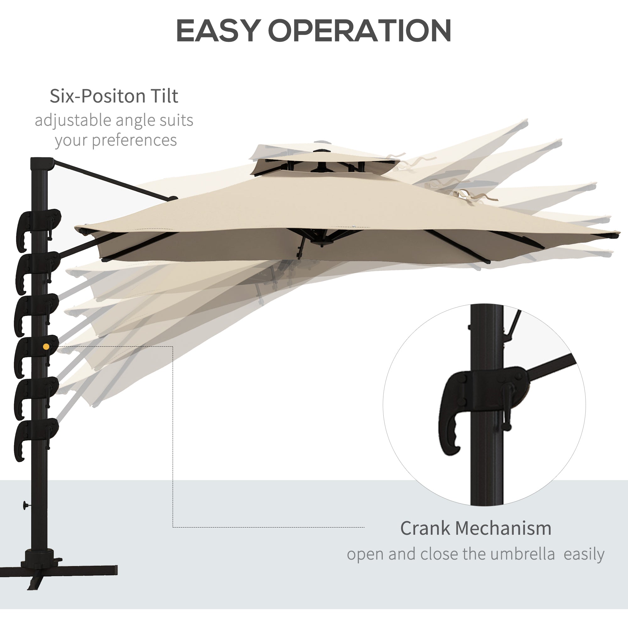 10ft Square Cantilever Patio Umbrella, 360Â° Rotating Overhanging Umbrella with Cross Base, Crank Handle, Khaki