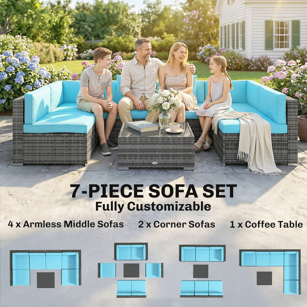 7 Pieces Outdoor Rattan Furniture Set, Patio Wicker Sectional Conversation Sofa Set, Blue