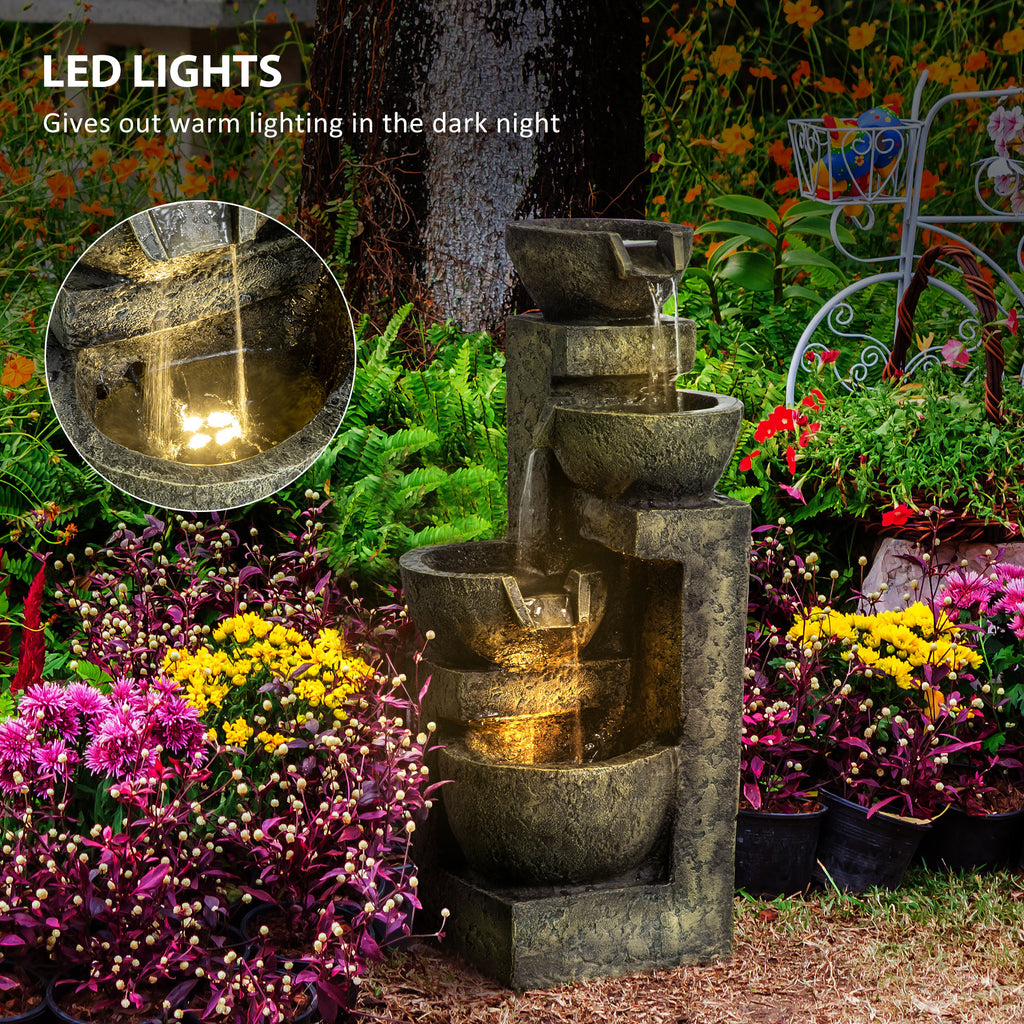 Outdoor Fountain Cascading Waterfall with 4-Tier Stone Look Bowls, Adjustable Flow & LED Lights for Patio Garden