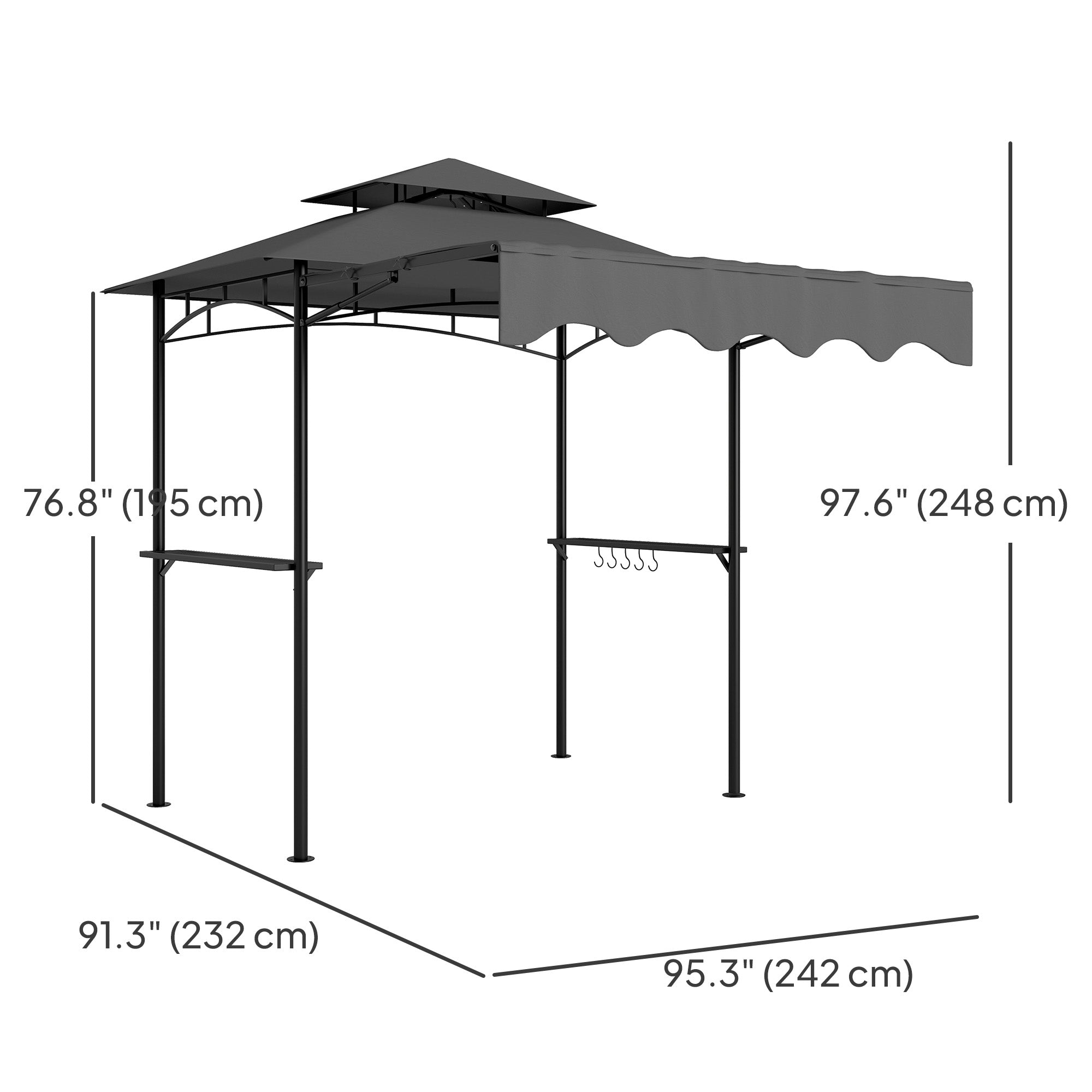 8' x 7.6' Grill Gazebo, Double Tiered Barbecue Grill Gazebo Shelter w/ Side Awning, 2 Side Shelves, 6 Hooks, Dark Grey