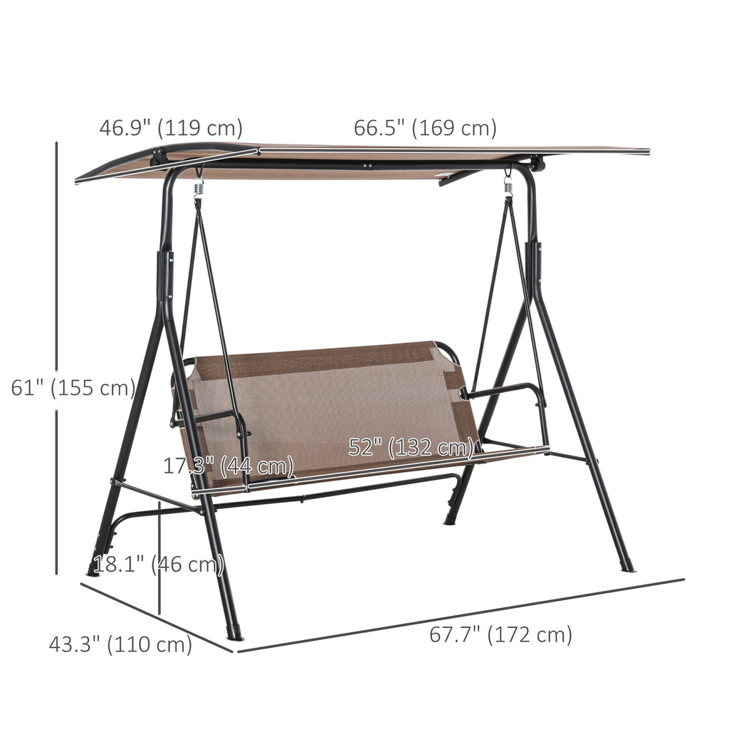 2-Person Porch Swing Chair, 2 Seater Patio Swing Bench w/ Adjustable Canopy, Breathable Seat for Garden, Poolside, Brown