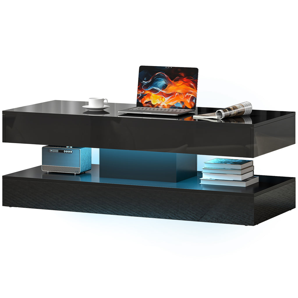 Coffee Table with Adjustable LED Lights, Modern Living Room Table with 2 Drawers, Open Shelf, Remote, High Gloss Black