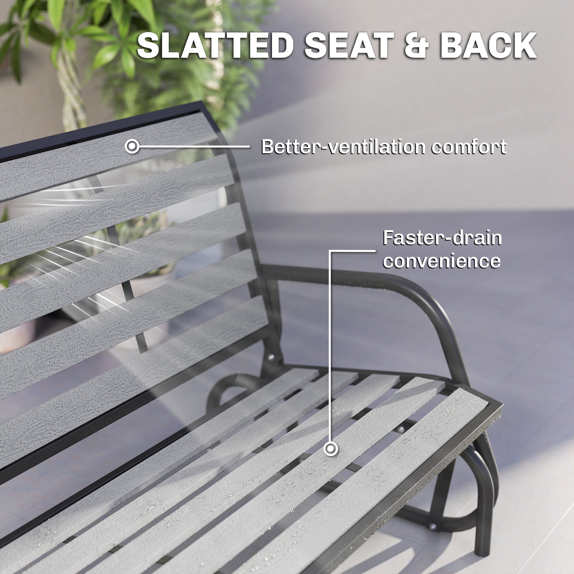 2 Person Outdoor Glider Bench, Patio Glider Loveseat with Faux Wood Slatted Seat and Back, Steel Frame, Grey