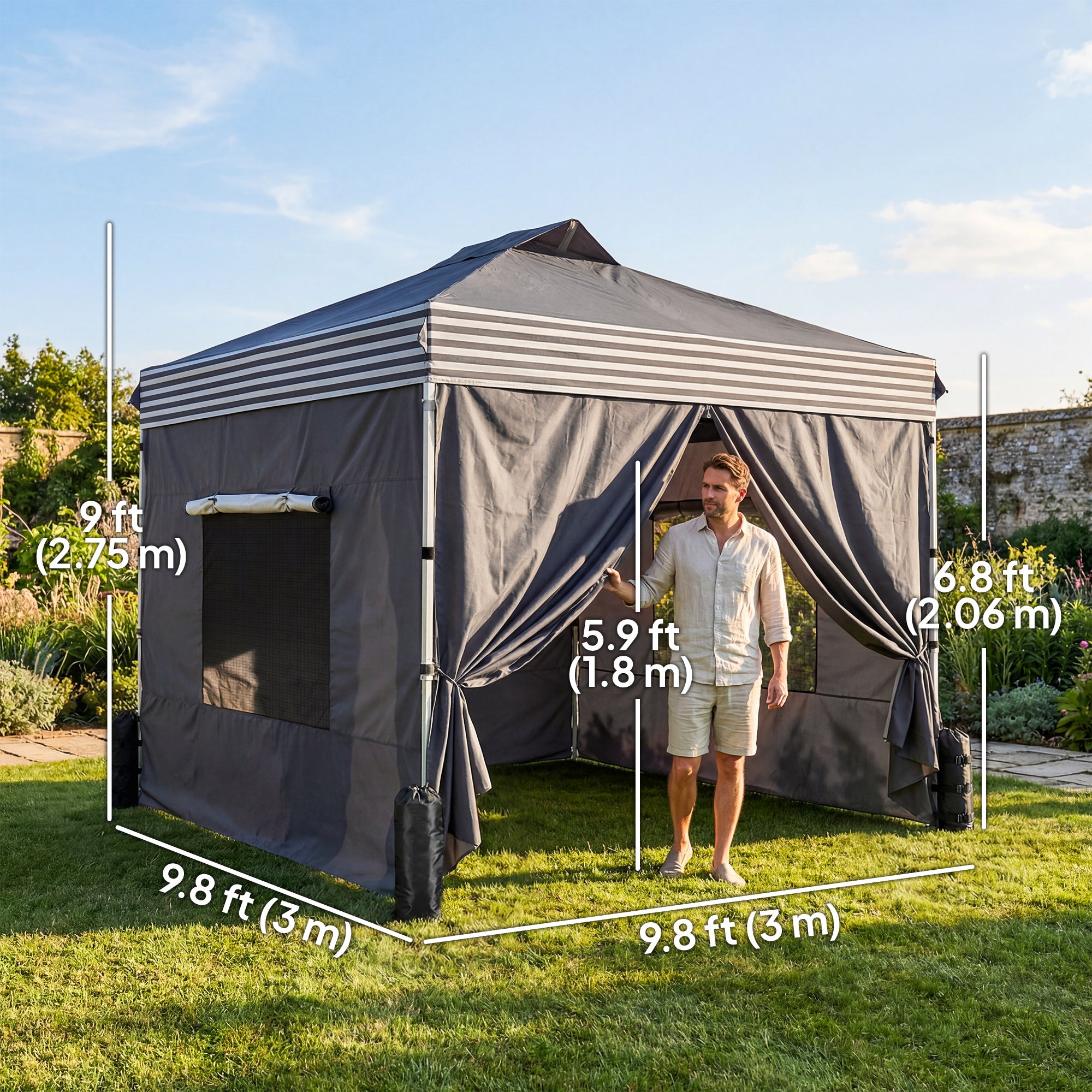 10 x 10 ft Pop Up Canopy Tent with 4 Sidewalls, UPF 50+ 1-Button Push Outdoor Instant Canopy with Wheeled Bag, Dark Grey
