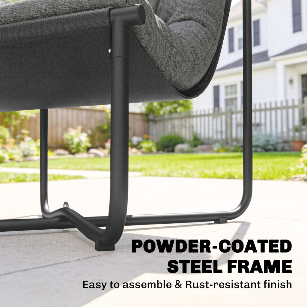 Outdoor Patio Chair, Comfy Sling Lounge Chair with Cushion, Breathable Wide Seat, Steel Frame, Dark Grey