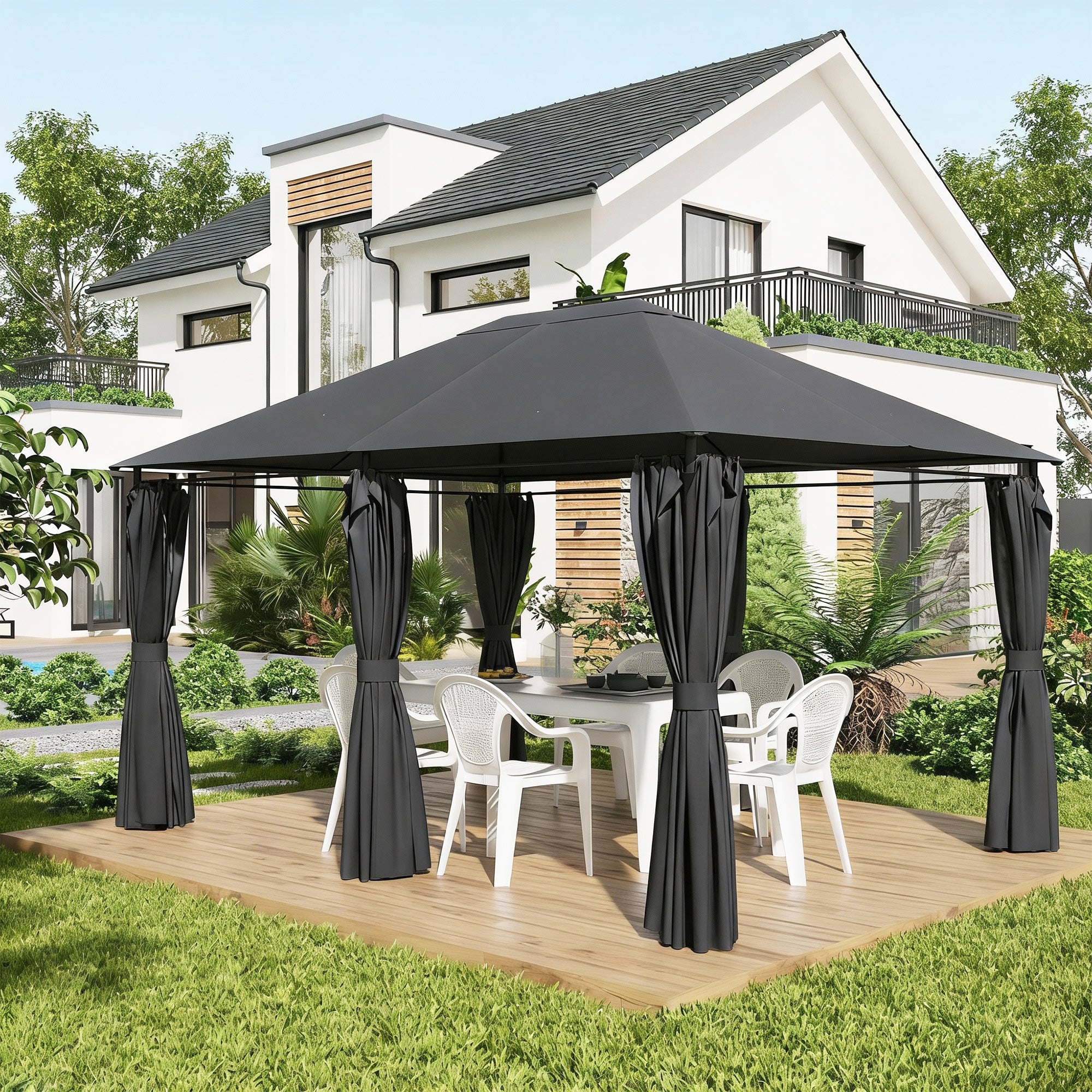 13'x 10' Soft-top Steel Patio Gazebo Canopy Party Tent with 6 Removable Curtains and Drainage Holes, Dark Grey