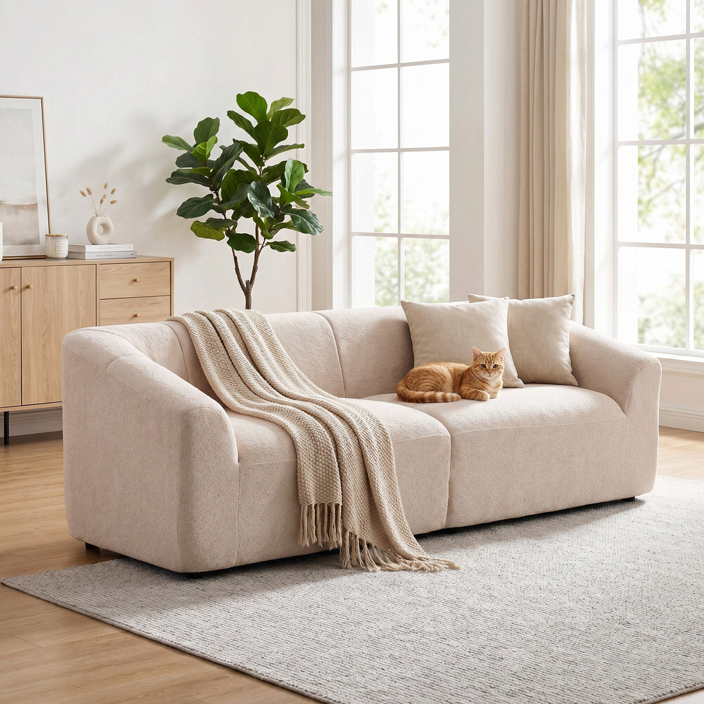 3 Seater Sofa, Chenille Boneless Cloud Couch with Spring Cushion, Wide and Deep Seat, Beige