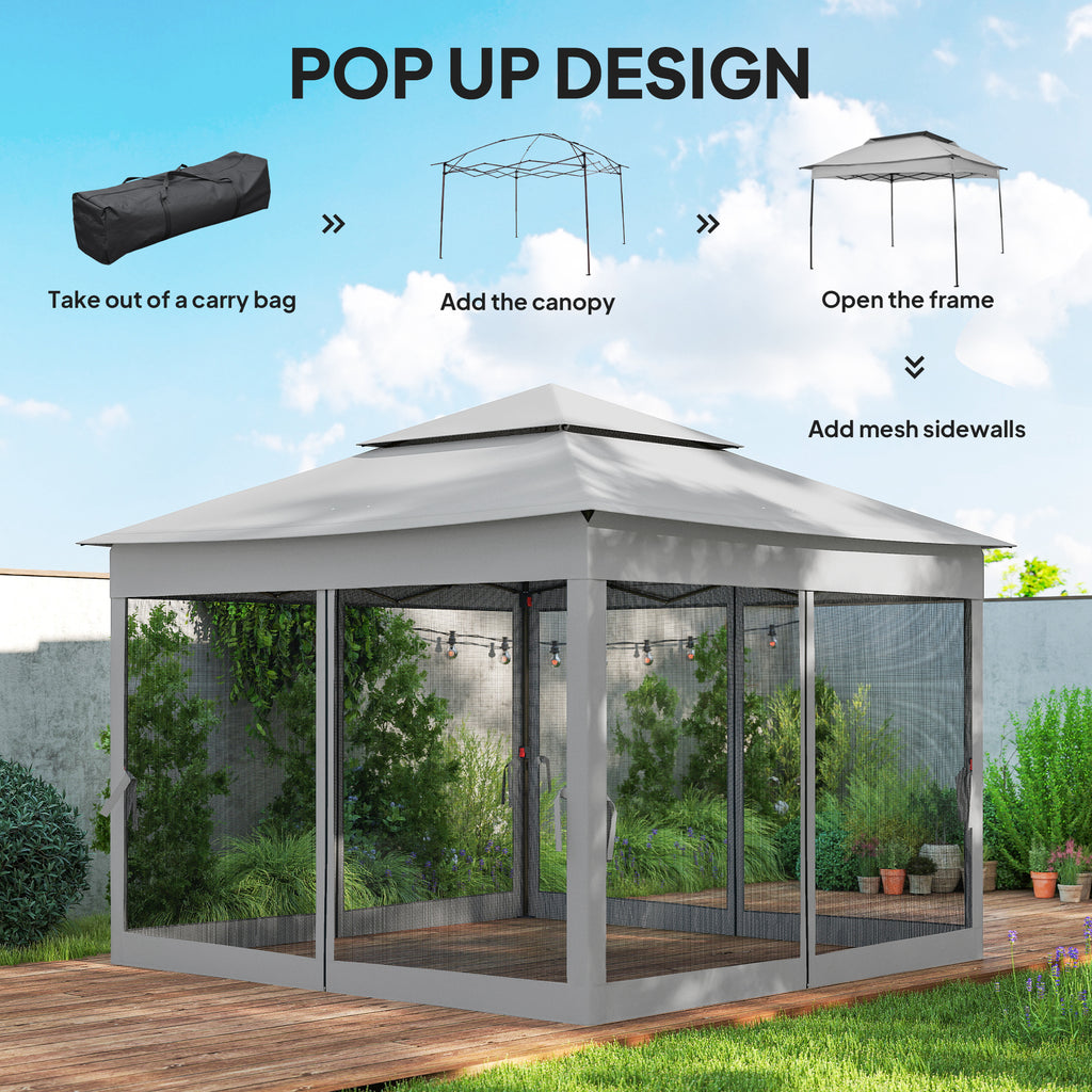 11' x 11' Pop Up Gazebo 2-Tier Soft Top Shelter Event Tent w/ Netting Carry Bag for Patio Backyard Garden, Light Grey