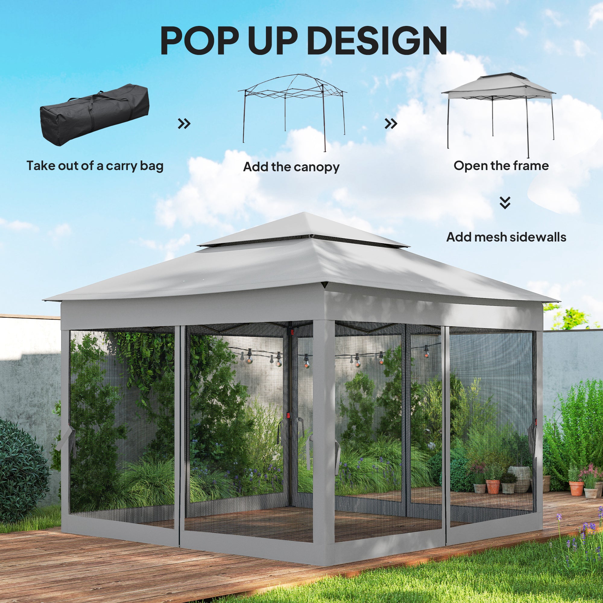 11' x 11' Pop Up Gazebo 2-Tier Soft Top Shelter Event Tent w/ Netting Carry Bag for Patio Backyard Garden, Light Grey