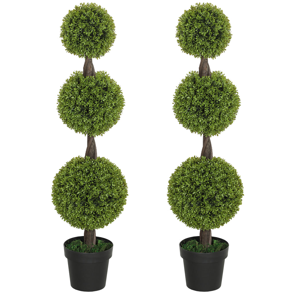 Set of 2 Artificial Ball Boxwood Topiary Trees, Fake Plants in Pots for Indoor Outdoor Decor, Green