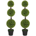 Set of 2 Artificial Ball Boxwood Topiary Trees, Fake Plants in Pots for Indoor Outdoor Decor, Green
