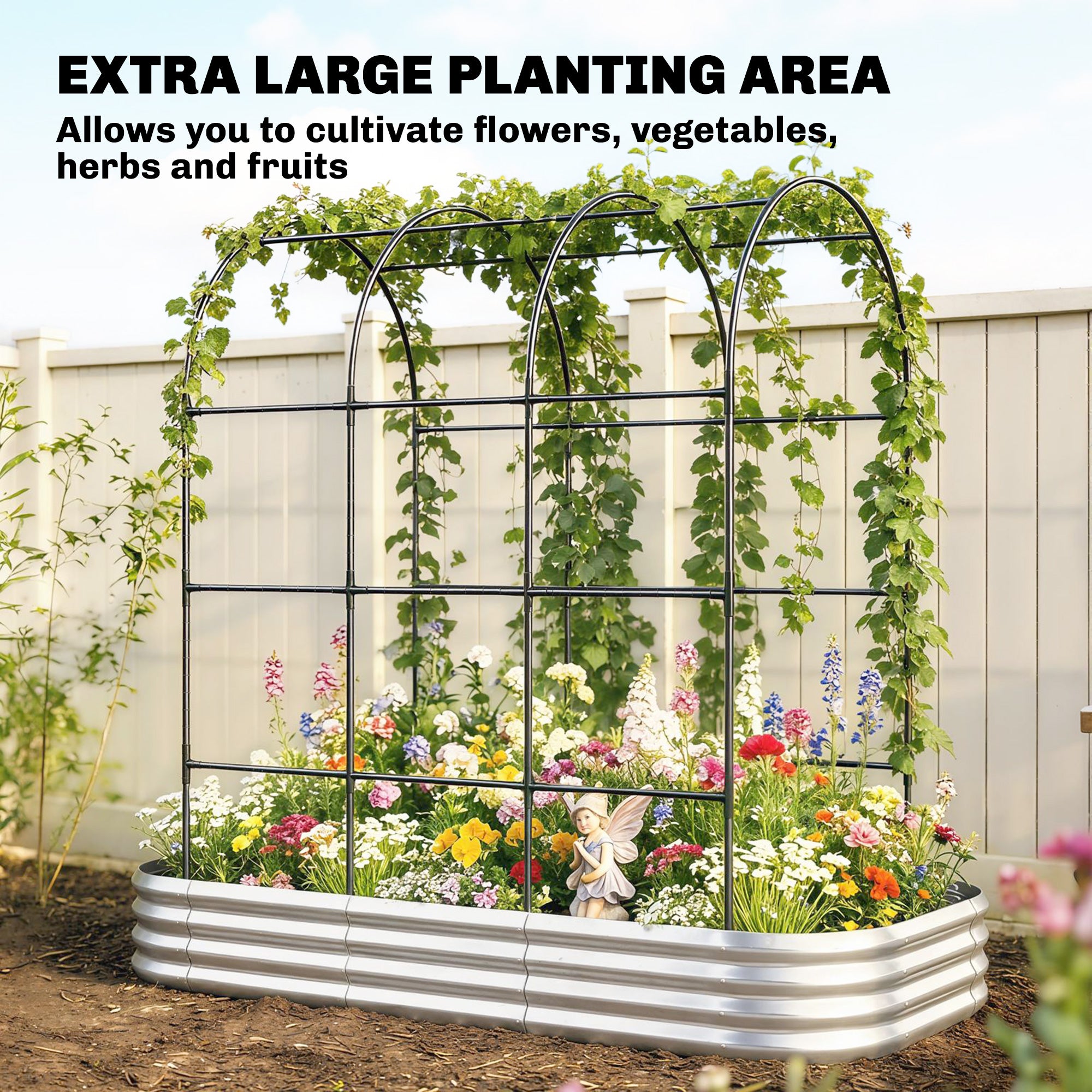 Galvanised Raised Garden Bed with Arched Trellis, 7 x 4 x 7ft Metal Outdoor Planter Box with Open Bottom