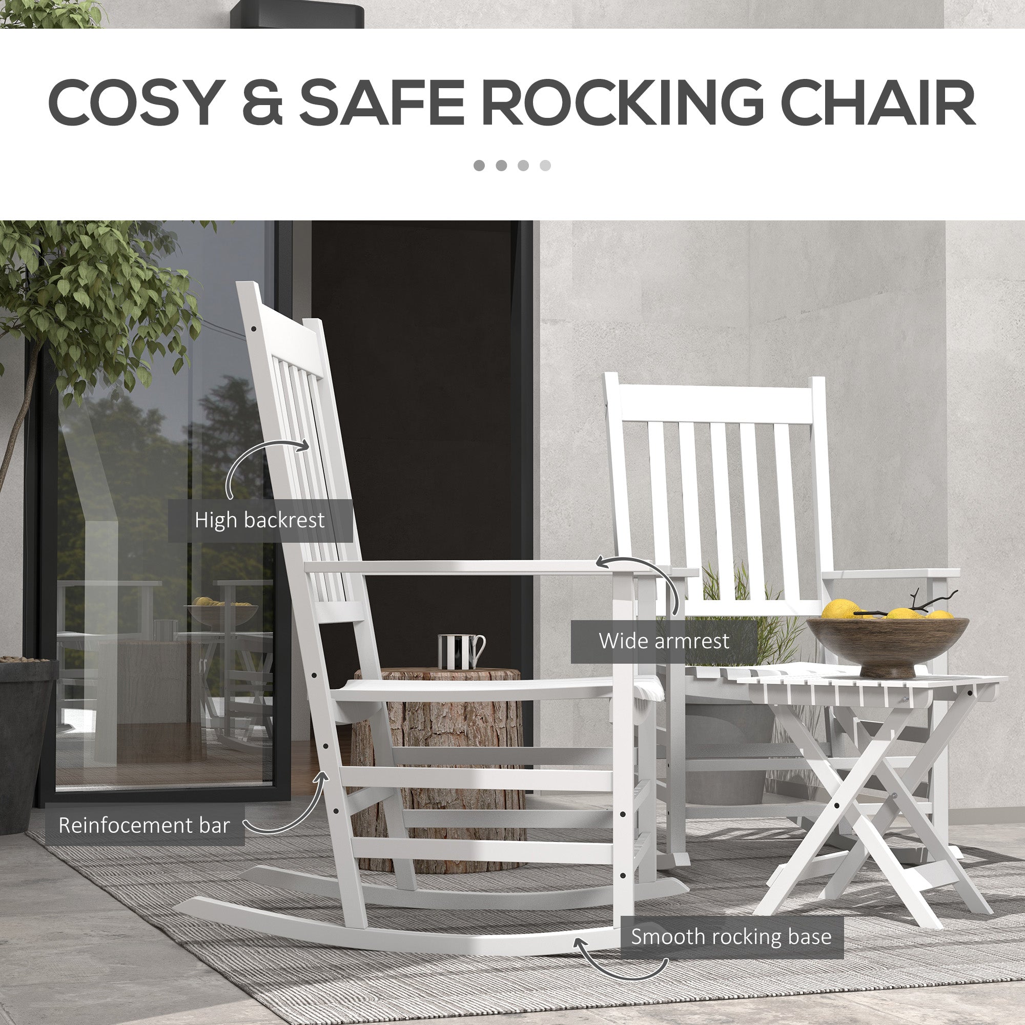 3 Pieces Outdoor Rocking Chair Set, Wooden Patio Rocking Chair Set with Folding Table, High Back and Armrests, White
