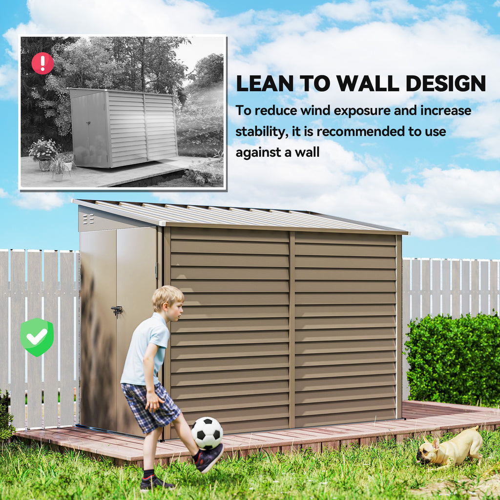 4.6' x 9' Steel Outdoor Storage Shed, Lean to Shed, Metal Tool House with Foundation Kit, Lockable Doors, Gloves and 2 Air Vents for Backyard, Patio, Lawn, Brown