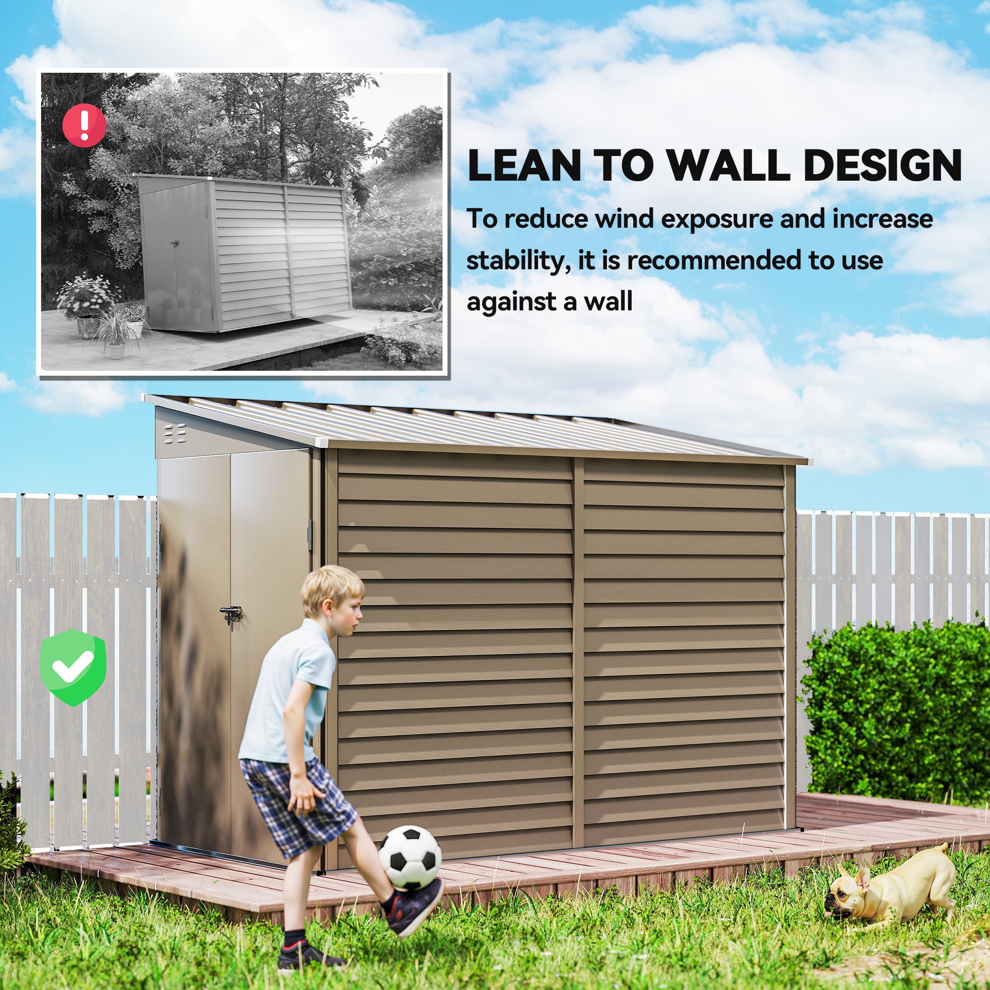 4.6' x 9' Steel Outdoor Storage Shed, Lean to Shed, Metal Tool House with Foundation Kit, Lockable Doors, Gloves and 2 Air Vents for Backyard, Patio, Lawn, Brown