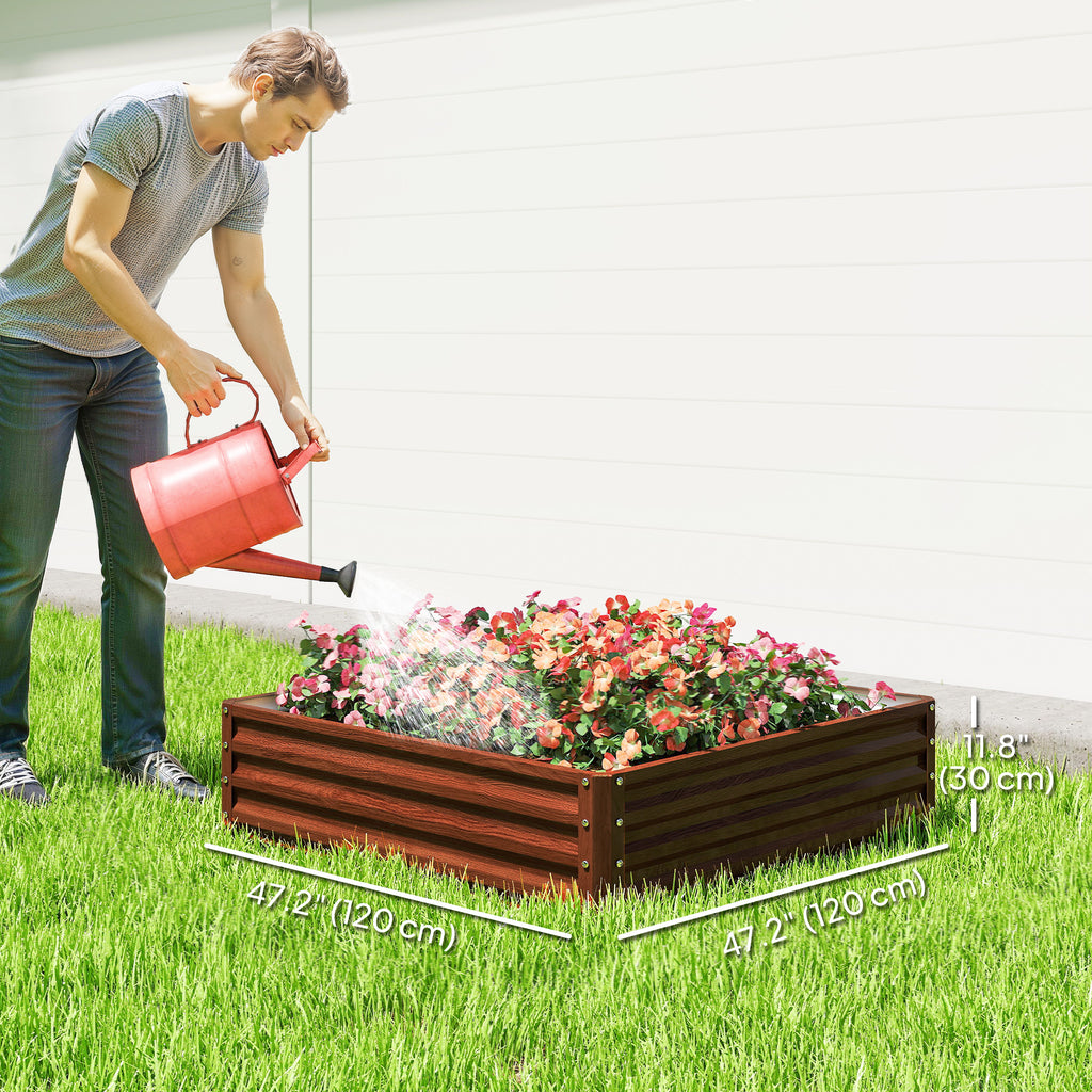 4' x 4' x 1' Raised Garden Bed Galvanized Steel Planter Box for Vegetables, Flowers, Herbs, Dark Brown Wood Effect