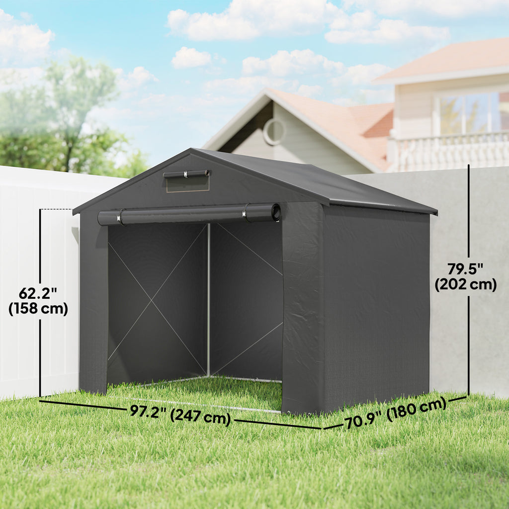 8' x 6' Portable Shed, Waterproof Bike Tent with Roll-up Zipper Door, Vent and Galvanised Metal Frame, Dark Grey