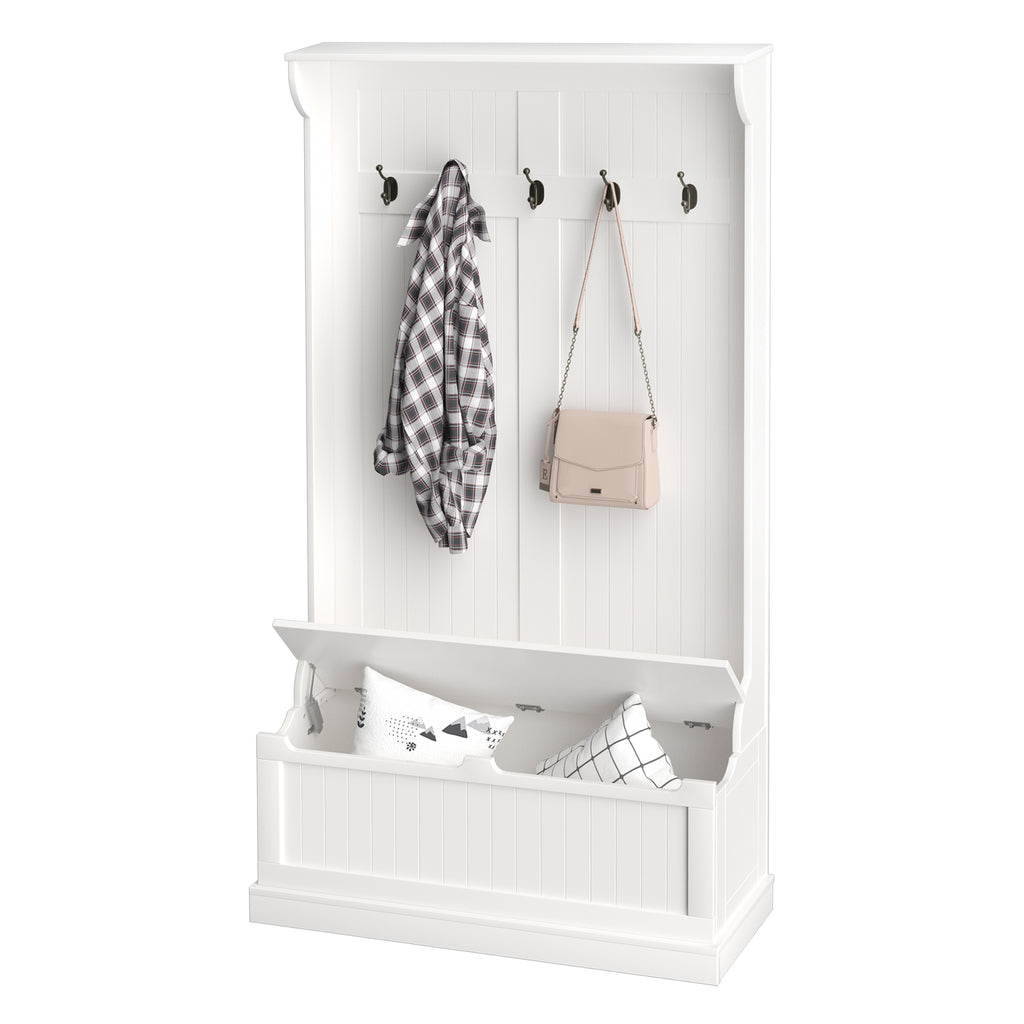 3-In-1 Hall Tree w/ Coat Rack, Shoe Storage and Bench Seat, Entryway Bench w/ 4 Hooks for Hallway, Living Room, White