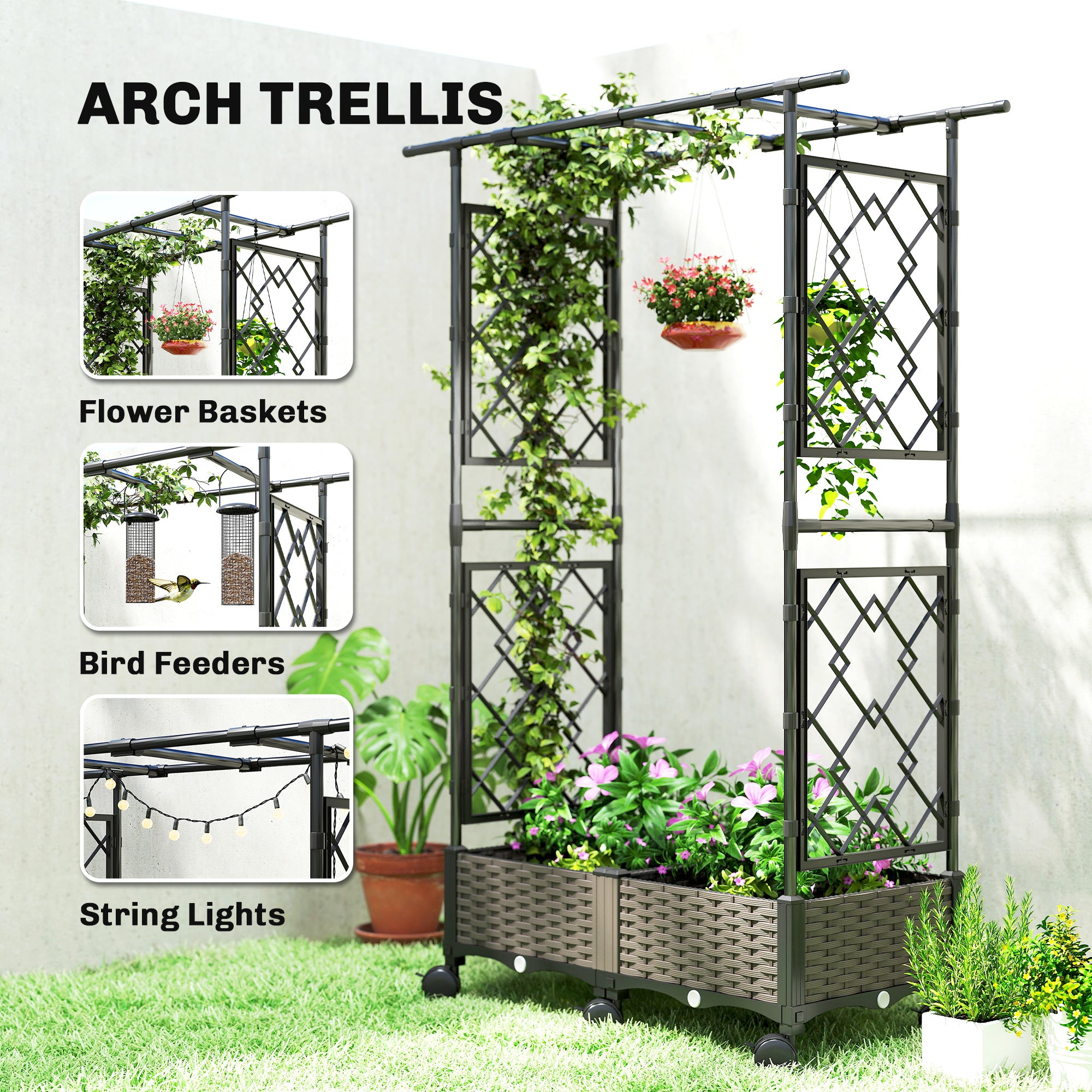 Raised Garden Bed with Arch Trellis, Raised Bed for Garden on Wheels with Side Trellis for Climbing Plants, Flowers
