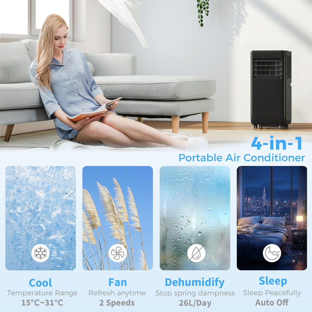 10000 BTU Portable 4-in-1 Air Conditioner with Cool, Dehumidifier, Fan, Sleep, WiFi Voice Remote Control, Black
