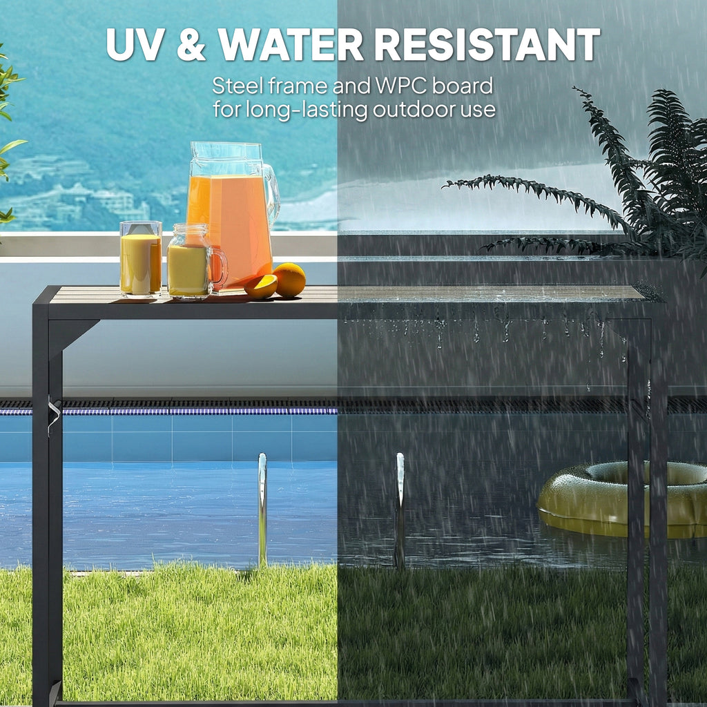 Bar Height Outdoor Table with Built-In Bottle Opener, Patio Bar Table with Wood Grain Plastic Top, 55" x 15" x 39"