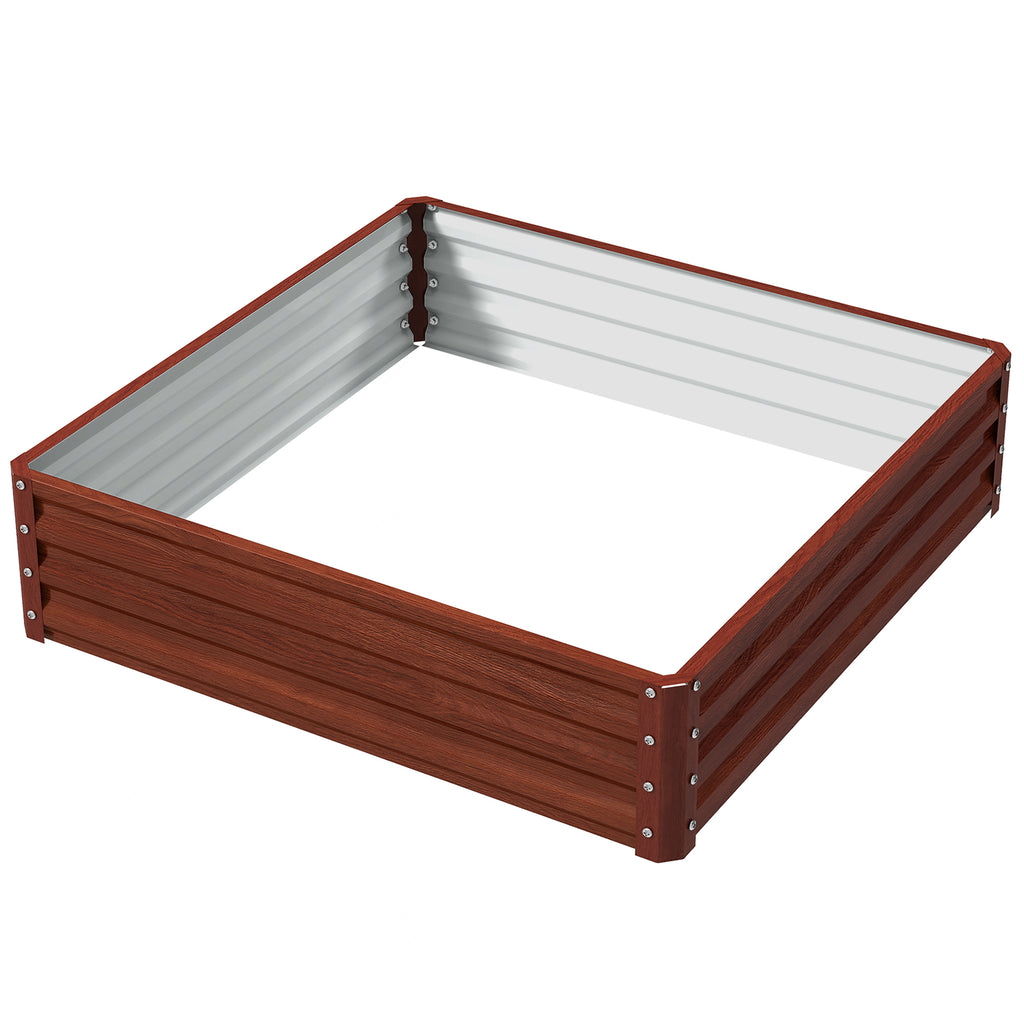 4' x 4' x 1' Raised Garden Bed Galvanized Steel Planter Box for Vegetables, Flowers, Herbs, Dark Brown Wood Effect