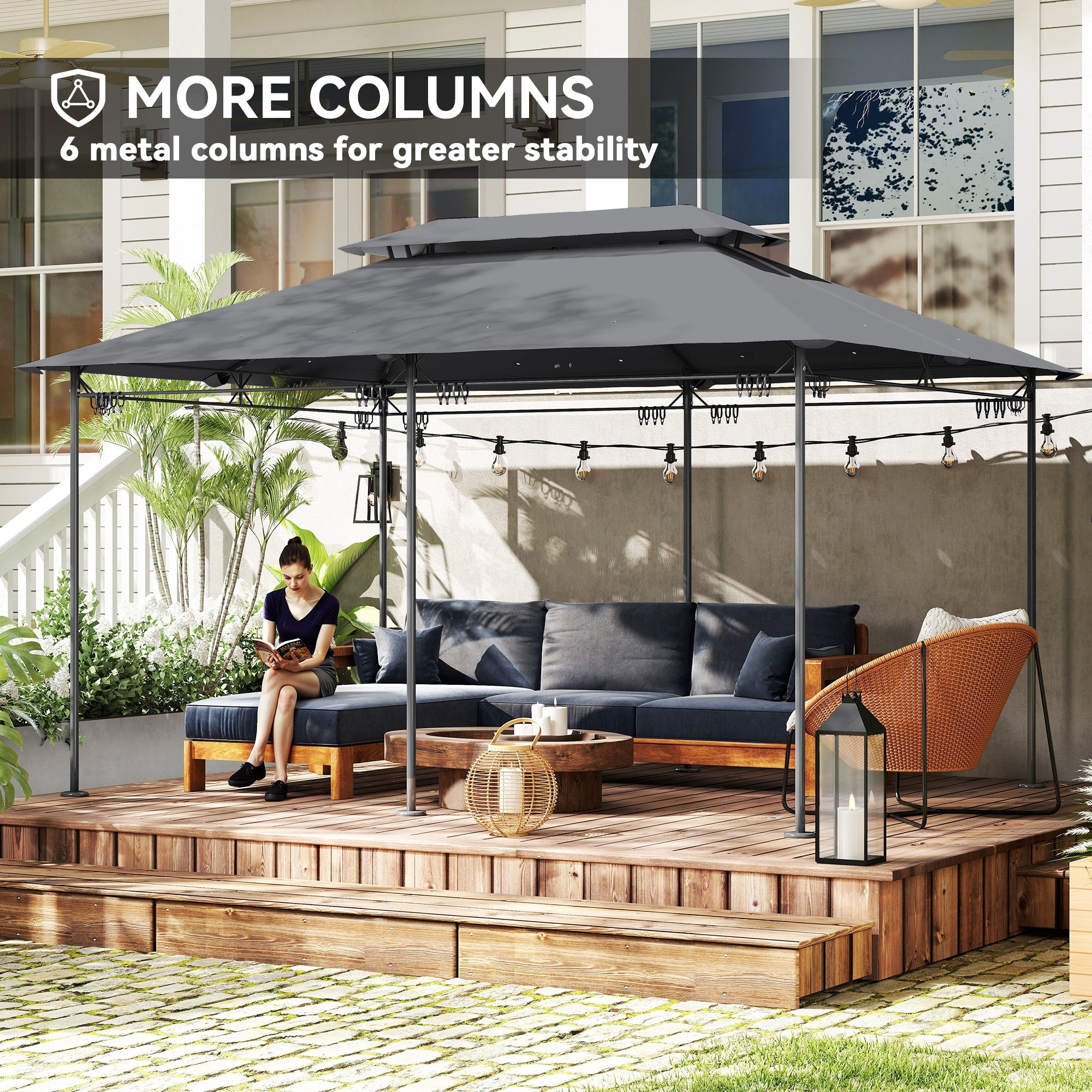 10'Â xÂ 13' Double Roof Patio Gazebo, Outdoor Gazebo with Curtains, for Garden, Lawn, Backyard and Deck, Grey