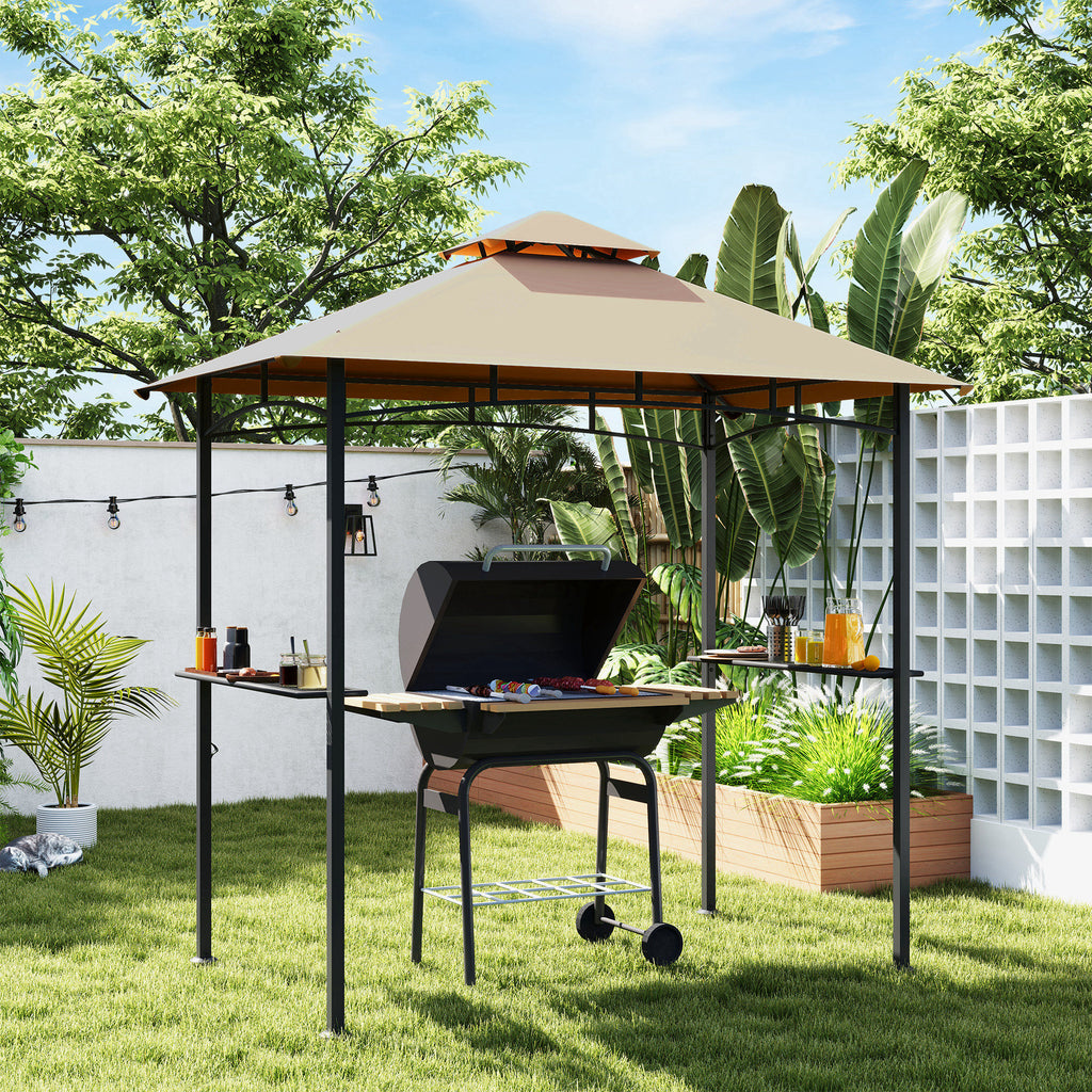 8' x 5' BBQ Grill Gazebo Tent with Double Tiered Canopy for Outdoor Sun Shade,  Khaki