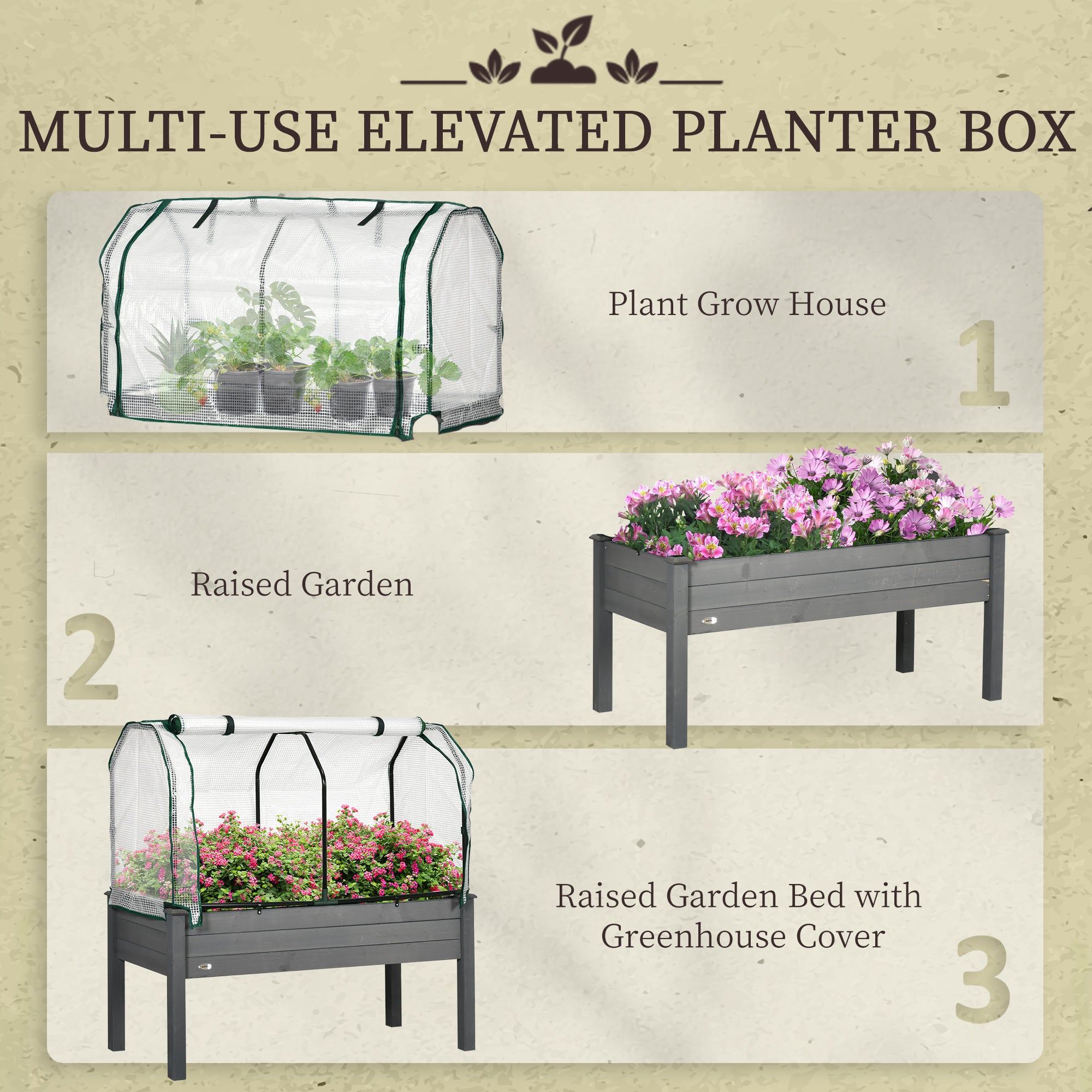 Raised Garden Bed with PE Greenhouse Cover Outdoor Elevated Wood Planter Box for Herbs and Vegetables Dark Gray