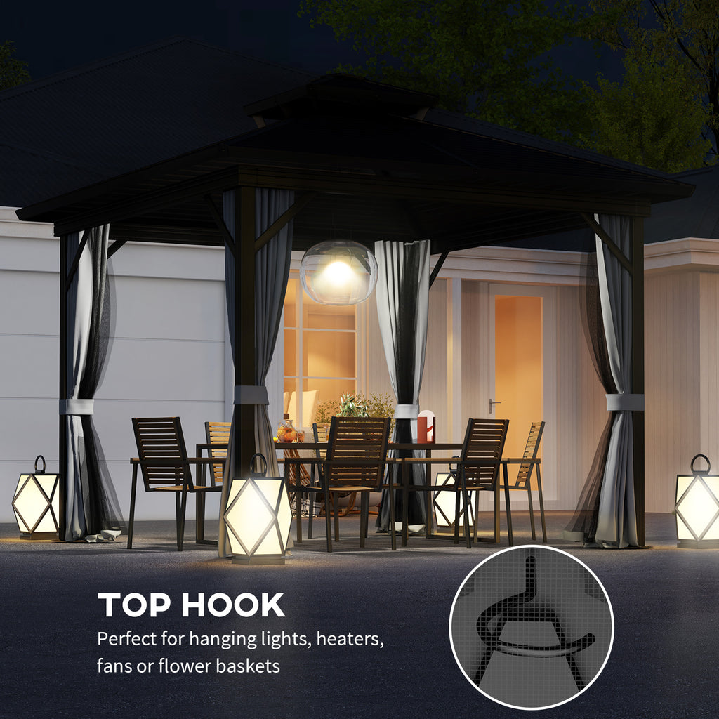 10' x 10' Hardtop Gazebo, Sun Shelter with Double Tier Metal Roof, Mosquito Netting, and Hanging Hook, Light Grey