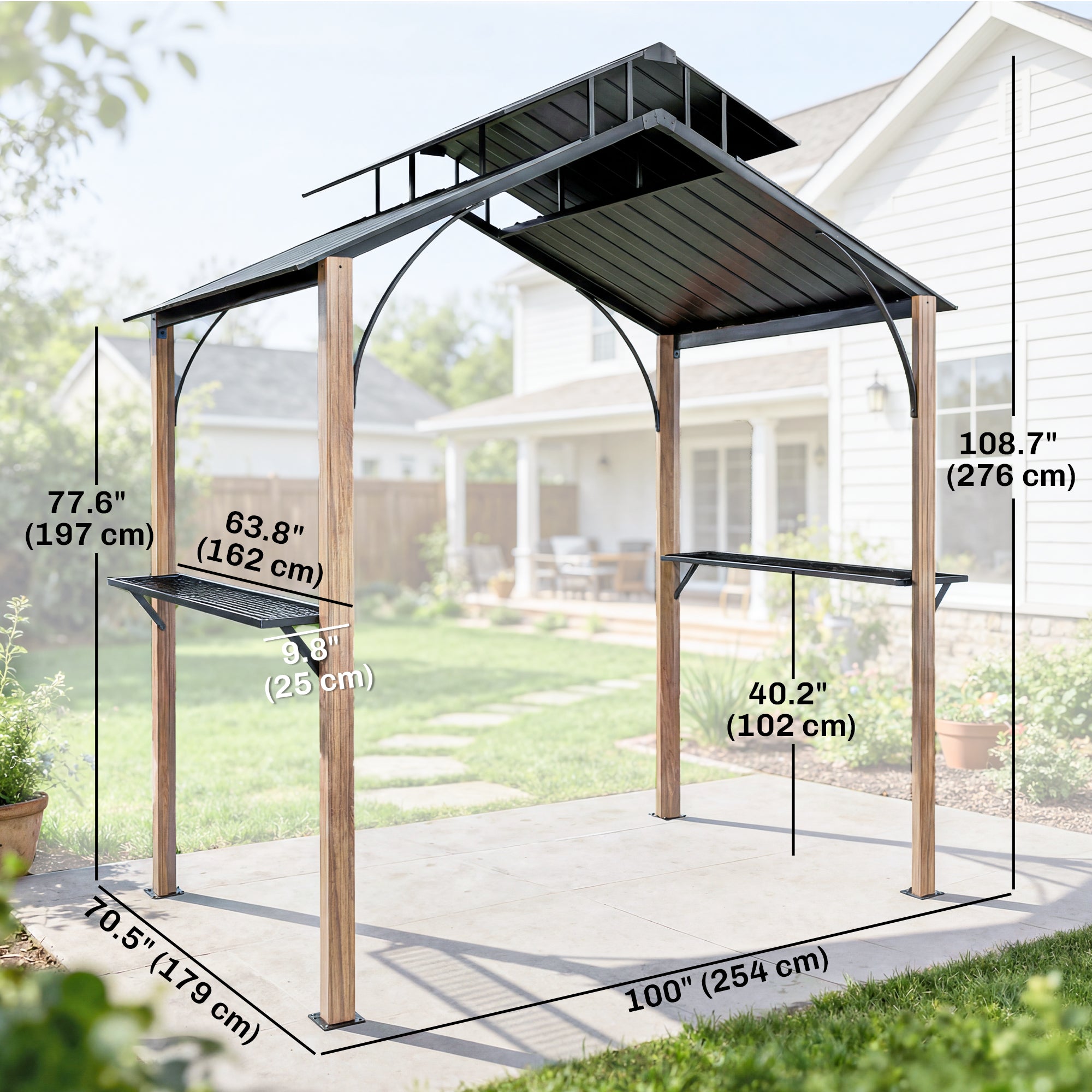 8 x 6ft Hardtop Grill Gazebo, BBQ Gazebo with Metal Double Roof, Outdoor Grill Canopy with Wood-Grain Aluminum Frame