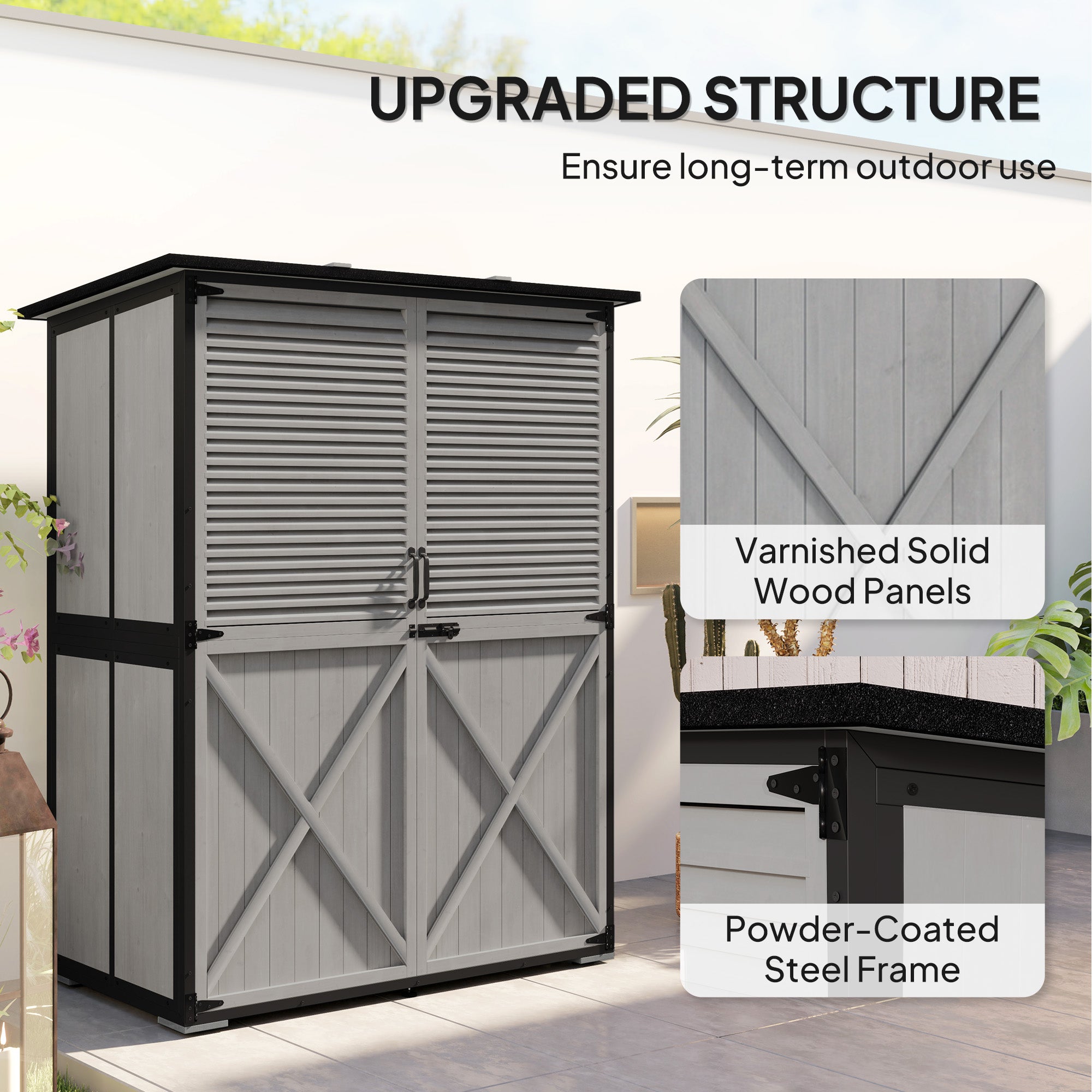 Outdoor Storage Cabinet, Wood Garden Shed with Steel Frame, Asphalt Roof, 2 Shelves and Lockable Doors, Grey