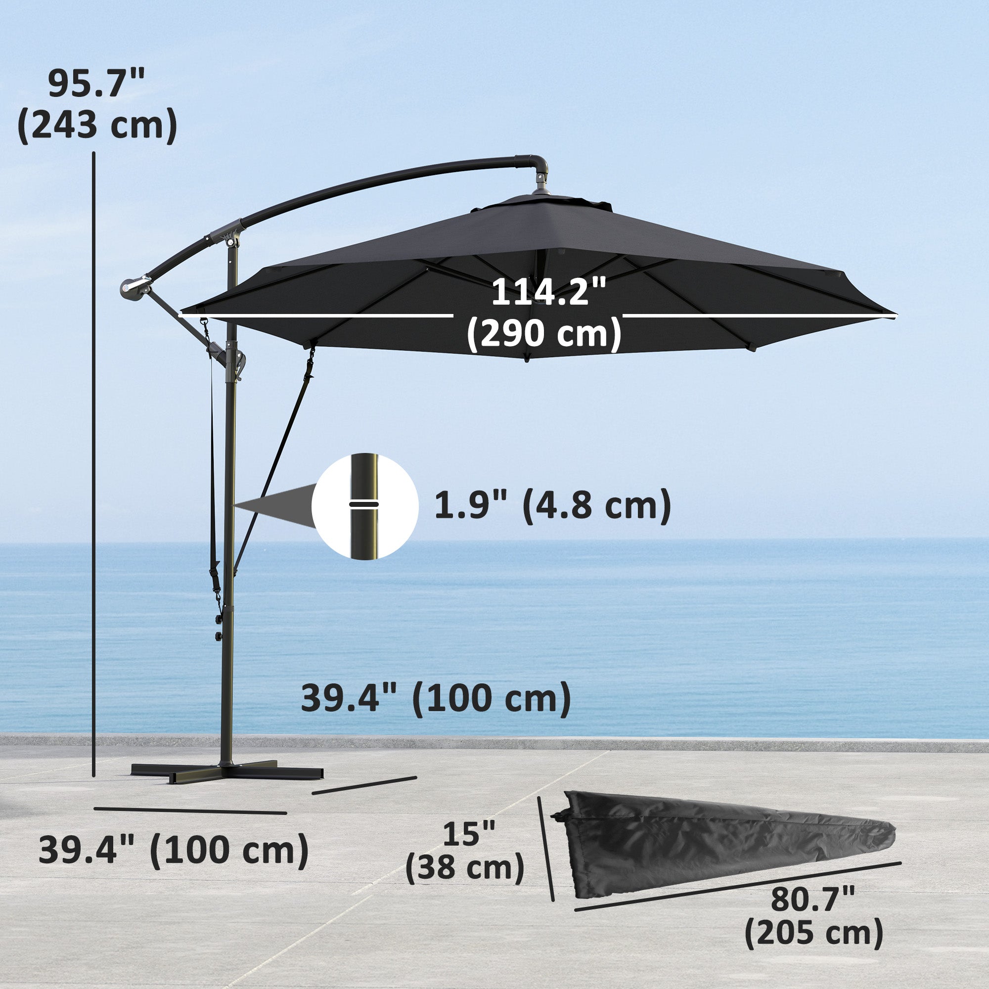 9.5' Cantilever Umbrella with Wind Protection Strap and Cover, Hanging Umbrella with Crank and Cross Base, UPF 50+, Grey