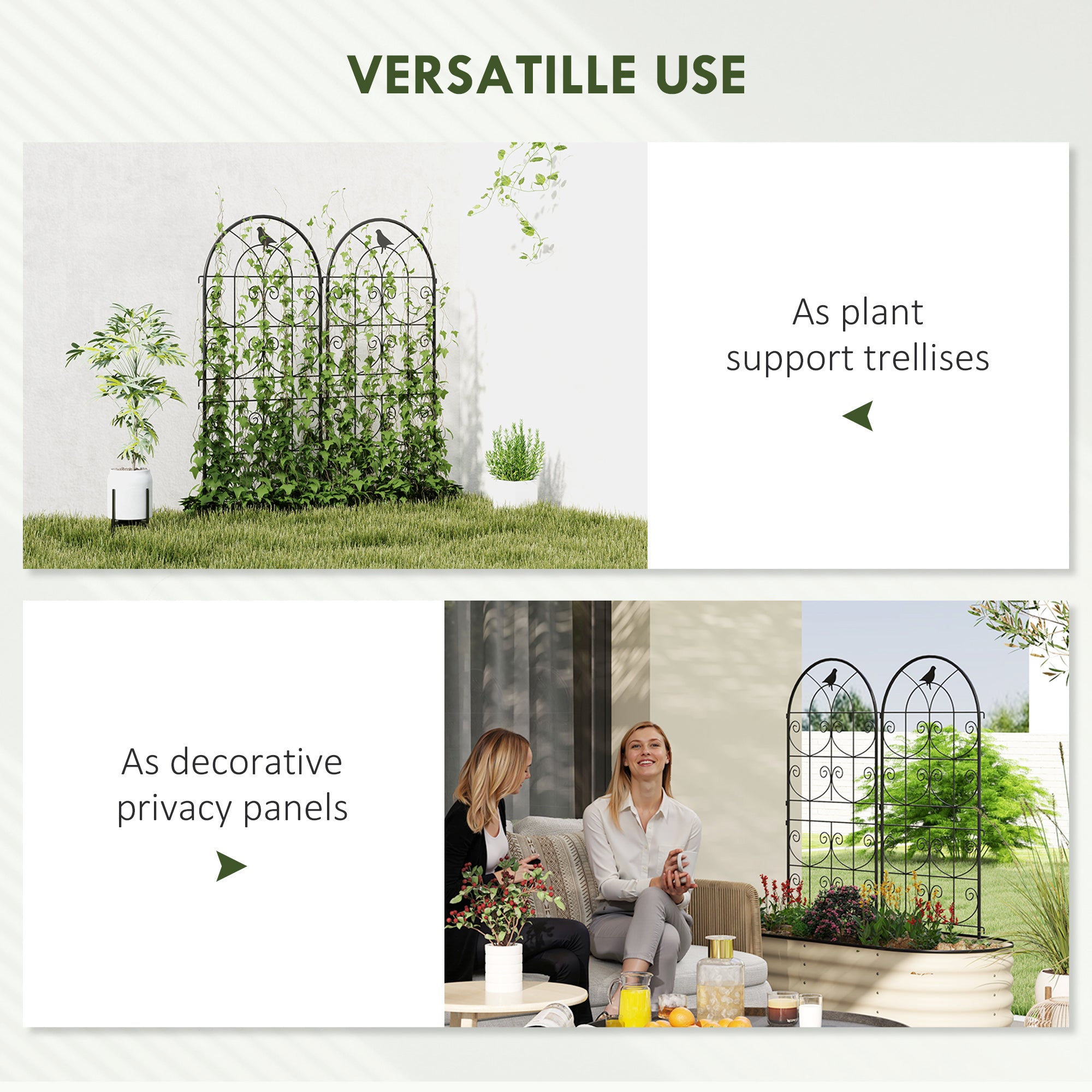Set of 2 Metal Garden Trellis, Decorative Trellis Panels, Bird Design, 120 x 50 cm, Black