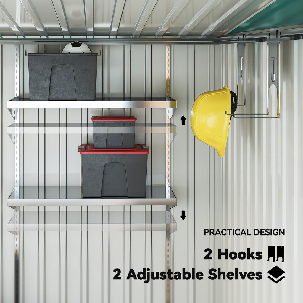 5'x7' Lean-to Galvanized Metal Shed with Foundation, Garden Tool Storage House with Sliding Door and 2 Vents, Green
