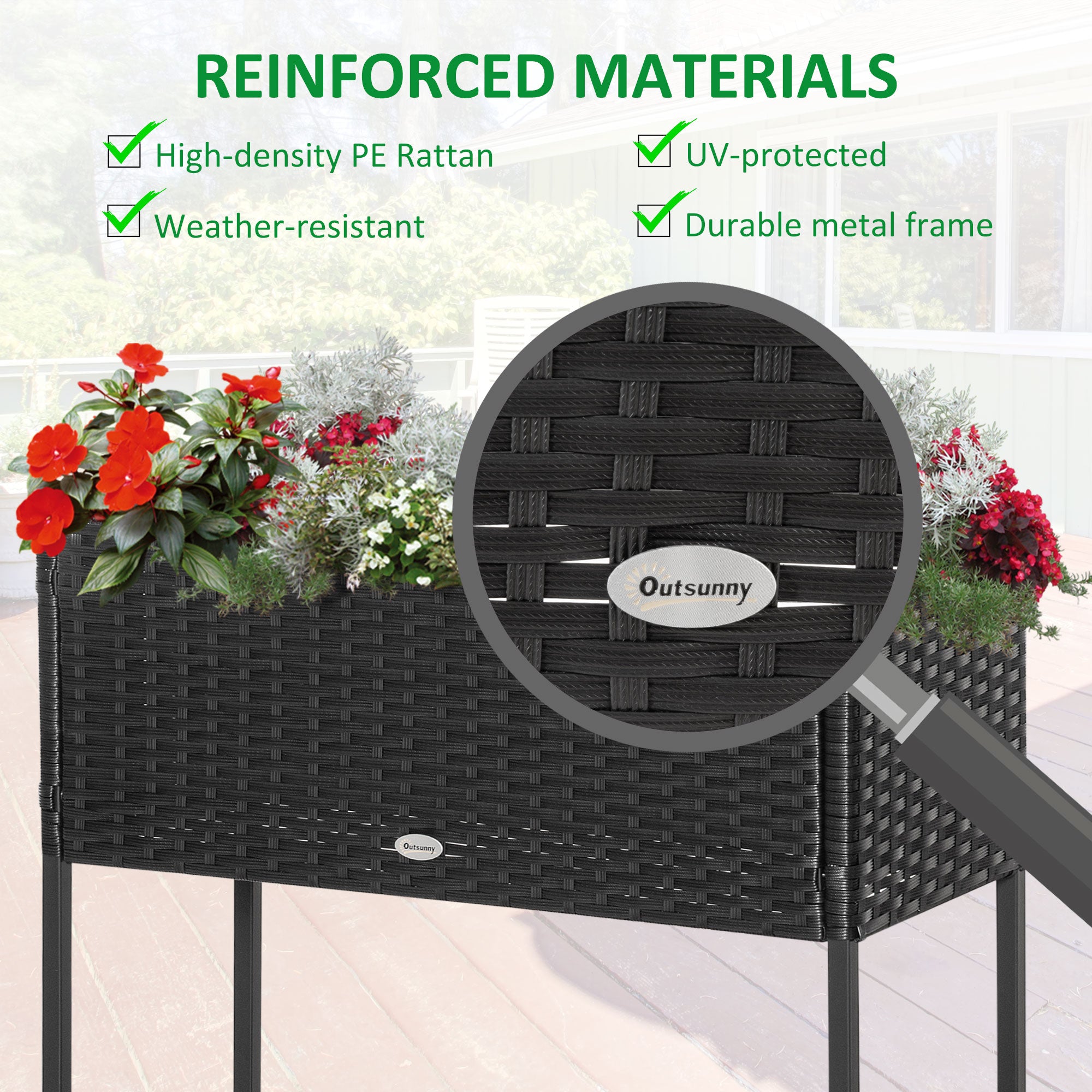 Rattan Raised Garden Boxes, Elevated Flower Beds with Storage Shelf for Herbs, Flowers, Vegetables, Black