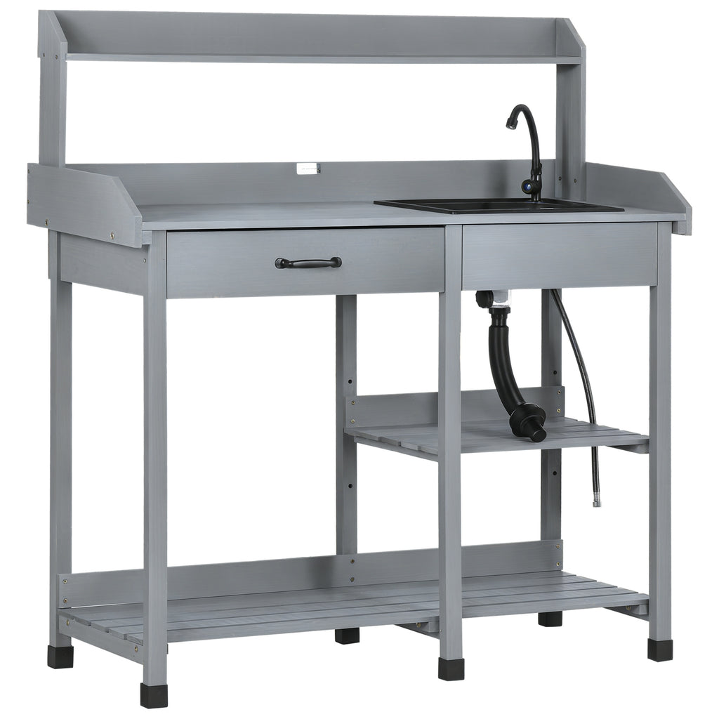 Potting Bench Table Garden Work Bench Workstation with Drawer, Removable Sink and Hooks, 45.3" x 17.7" x 48.4", Grey
