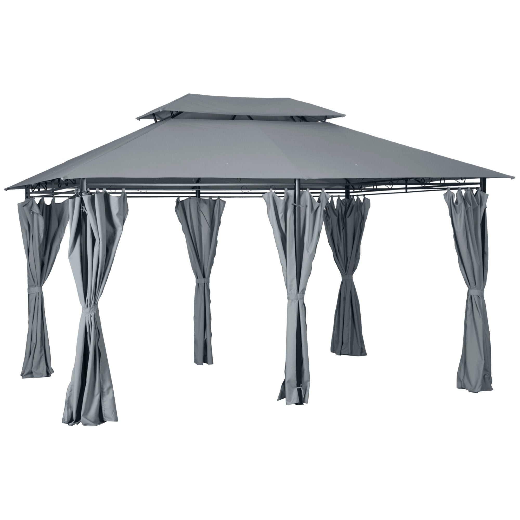 13'L x 10'W x 8.7'H Patio Gazebo Outdoor 2-Tiers Garden Canopy Yard Sunshade Shelter with Curtains, Grey