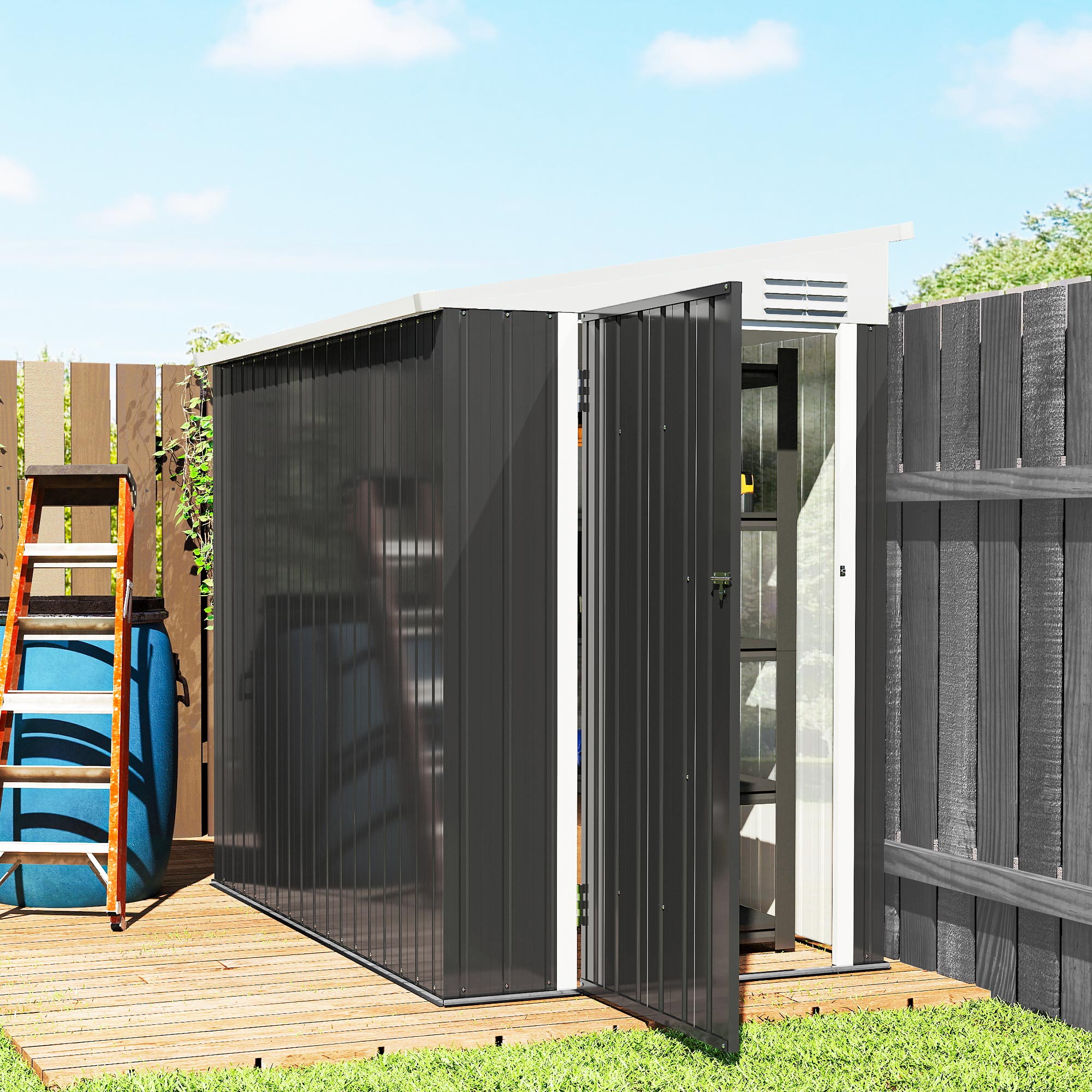 4' x 6' Outdoor Storage Shed Lean to Shed Outdoor Metal Tool Shed with Lockable Door and Air Vents, Dark Grey